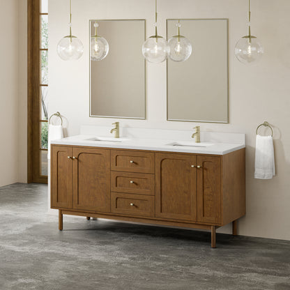 Renovate for Less Atlanta Laurent 72" Double Vanity, Honey Oak w/ Single Hole 3 CM White Zeus Silestone Top and Matching Backsplash