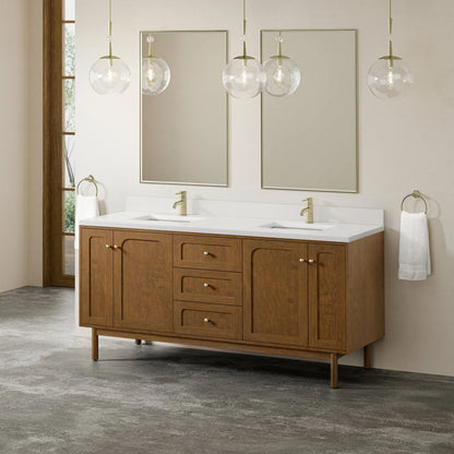 Laurent 72" Double Vanity, Honey Oak w/ Single Hole 3 CM White Zeus Silestone Top and Matching Backsplash