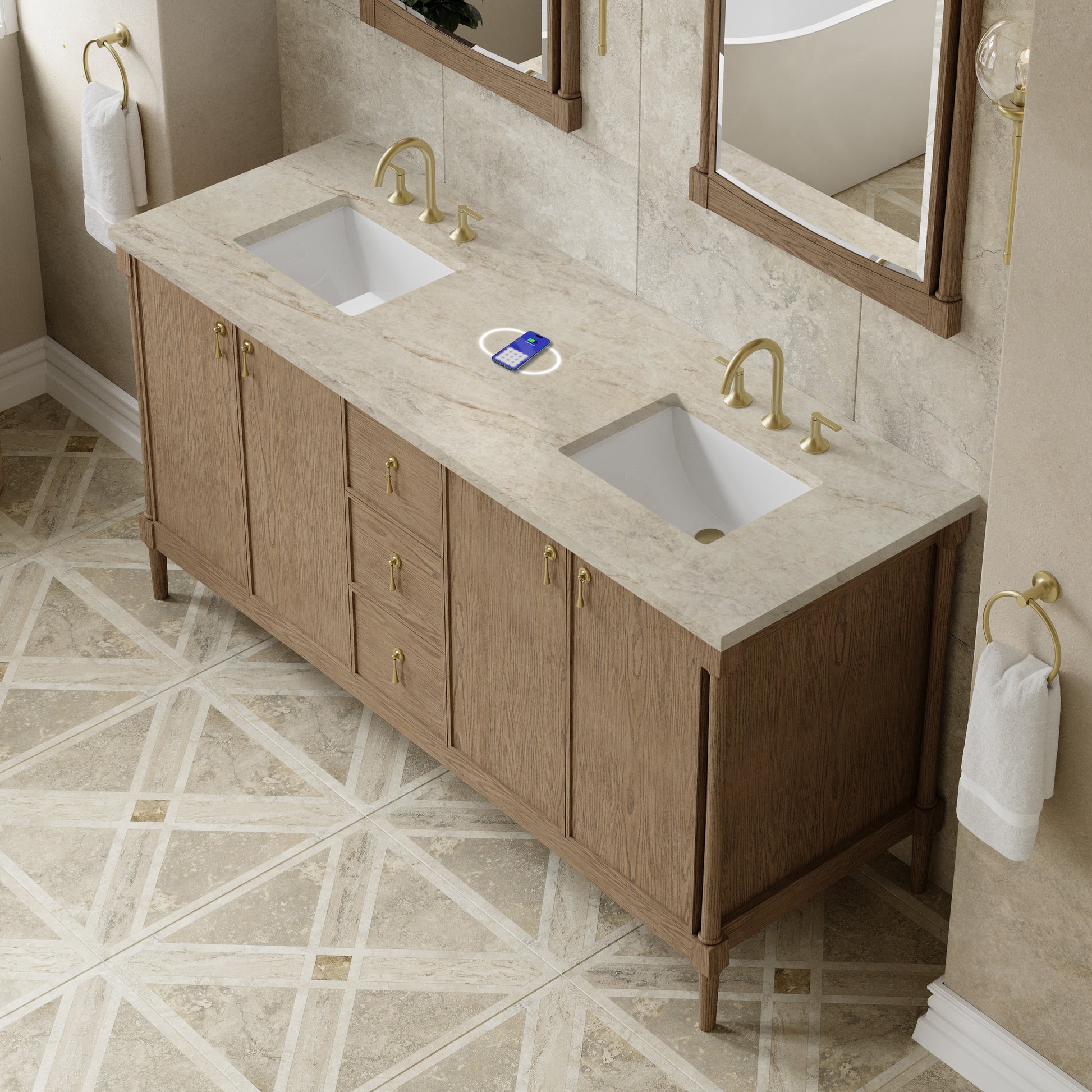 Renovate for Less Atlanta Kinnsden 72" Double Vanity, Weathered Oak w/ 3 CM Tajnar Eclos Top w/FreePower Wireless Charger