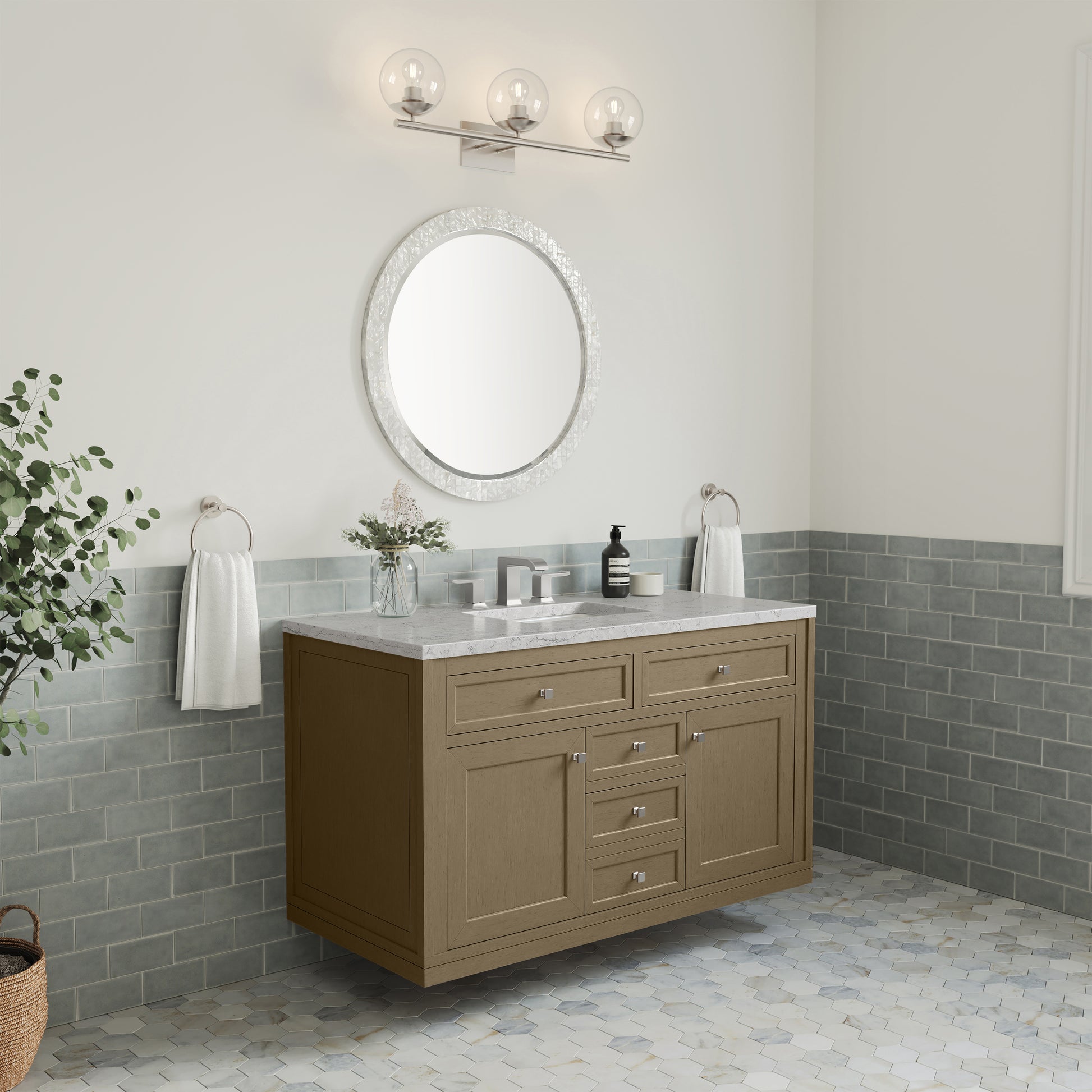 Renovate for Less Atlanta Chicago 48" Single Vanity, Walnut Whisper, w/ 3 CM Eternal Jasmine Pearl Silestone® Top