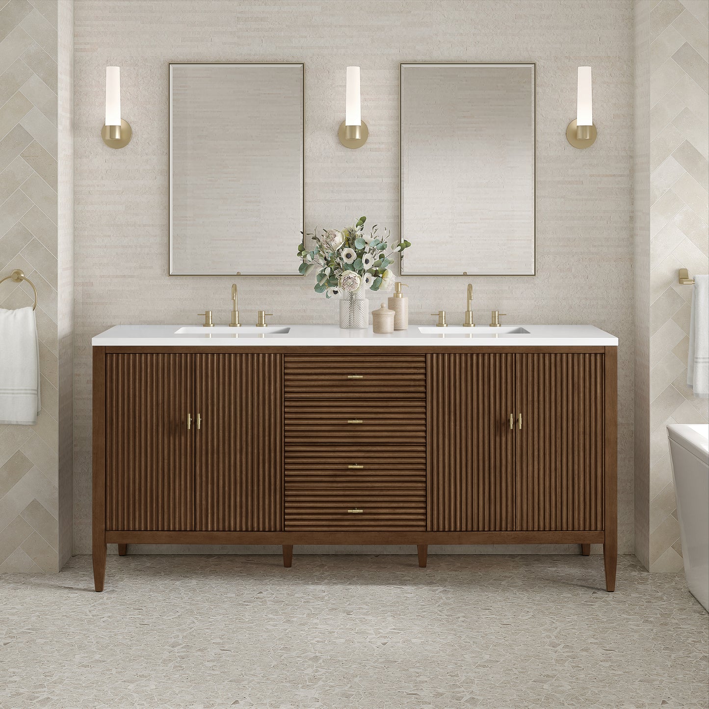 Renovate for Less Atlanta Myrrin 72" Double Vanity, Mid Century Walnut w/ 3 CM White Zeus Silestone Top