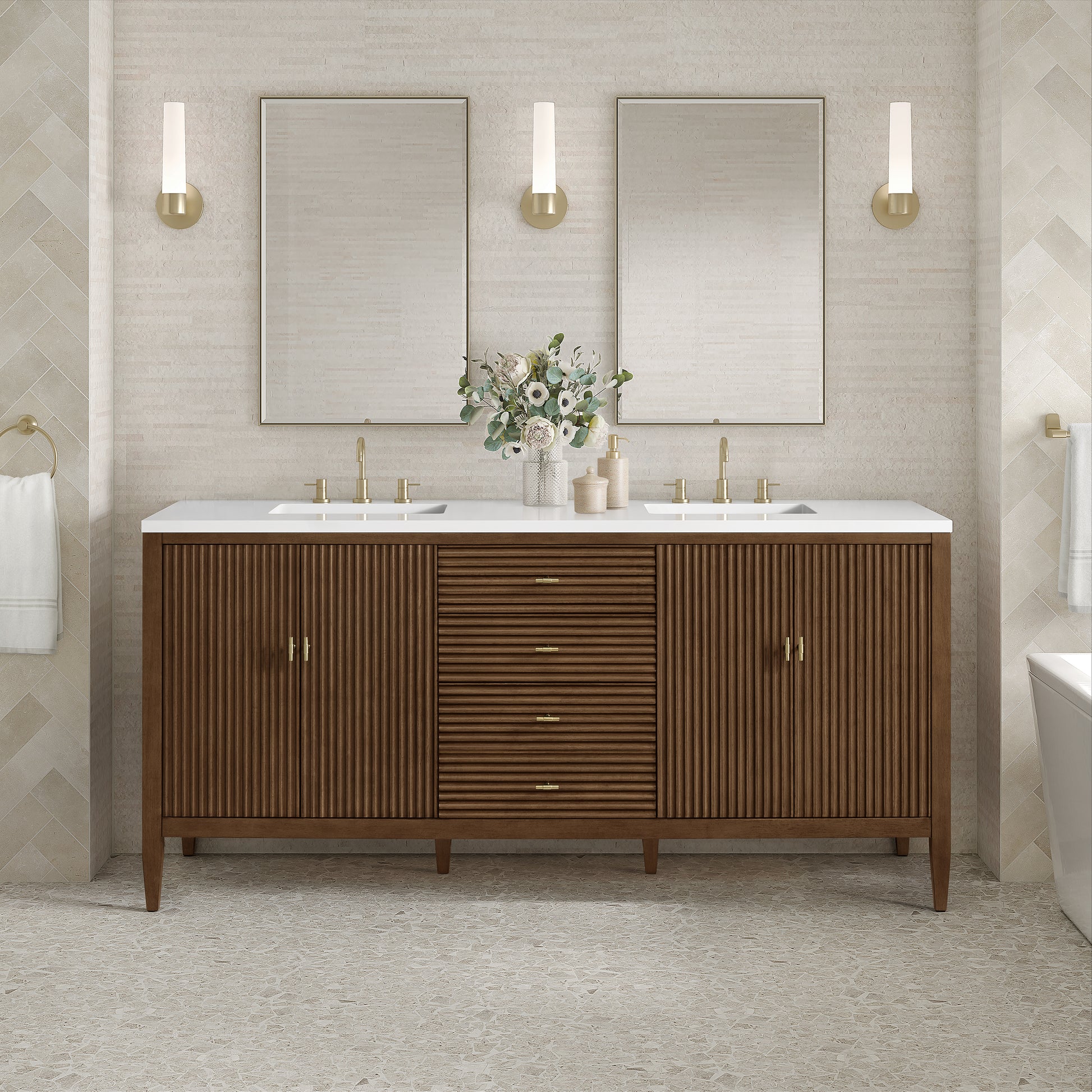 Renovate for Less Atlanta Myrrin 72" Double Vanity, Mid Century Walnut w/ 3 CM White Zeus Silestone Top
