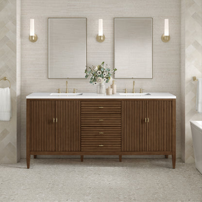 Renovate for Less Atlanta Myrrin 72" Double Vanity, Mid Century Walnut w/ 3 CM White Zeus Silestone Top