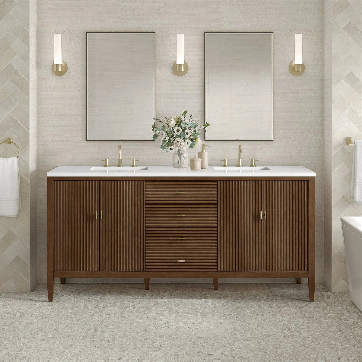 Myrrin 72" Double Vanity, Mid Century Walnut w/ 3 CM White Zeus Silestone Top