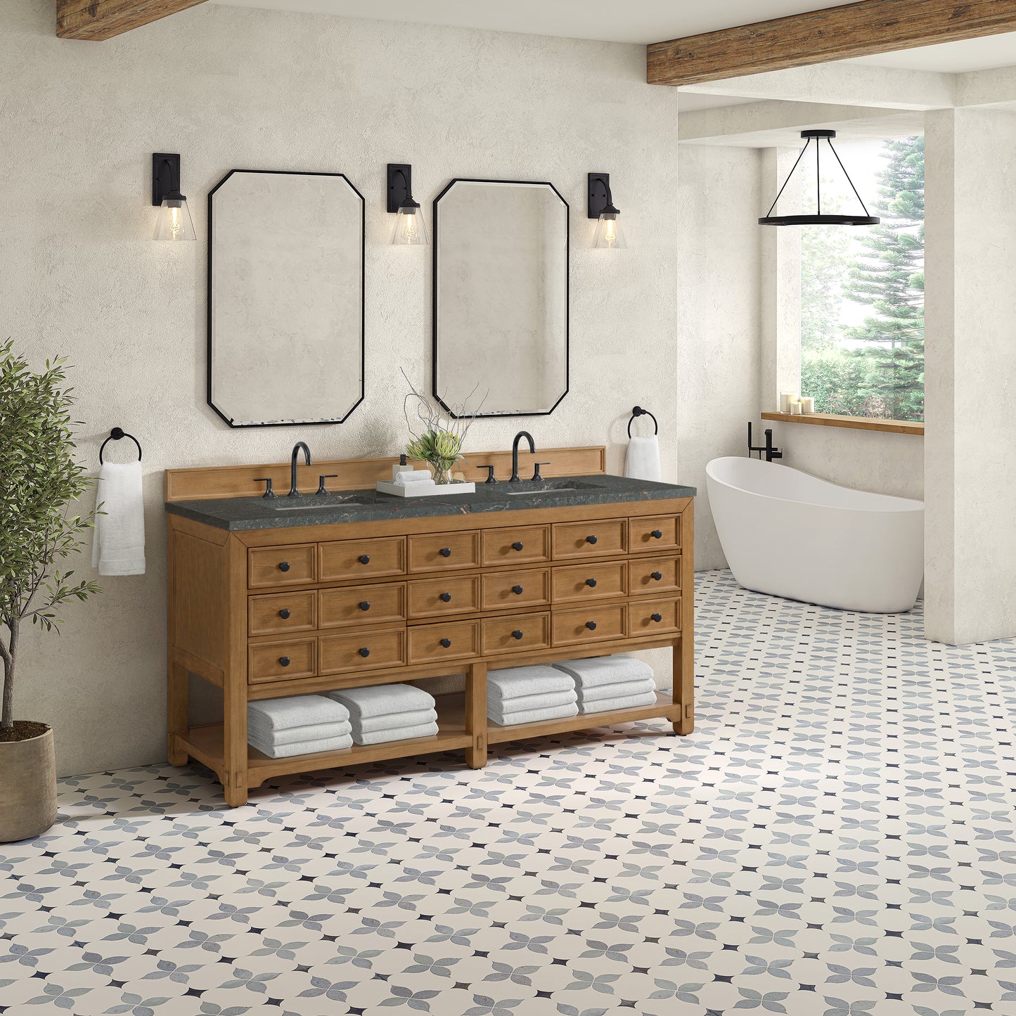 Renovate for Less Atlanta Malibu 72" Double Vanity, Amber Birch w/ 3 CM Parisien Bleu Top