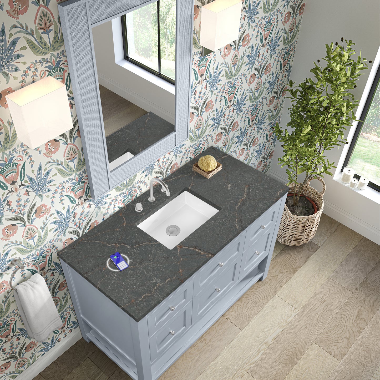 Renovate for Less Atlanta Breckenridge 48" Single Vanity, Serenity Blue, w/ 3 CM Parisien Bleu Quartz Top w/FreePower Wireless Charger