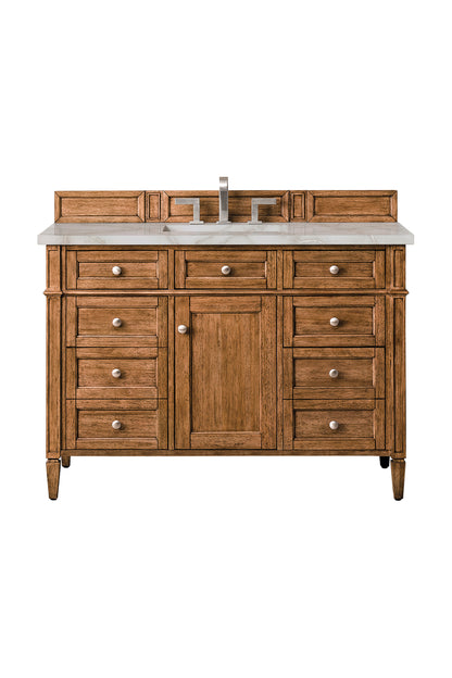 Renovate for Less Atlanta Brittany 48" Single Vanity, Saddle Brown w/ 3 CM Victorian Silver Silestone Top