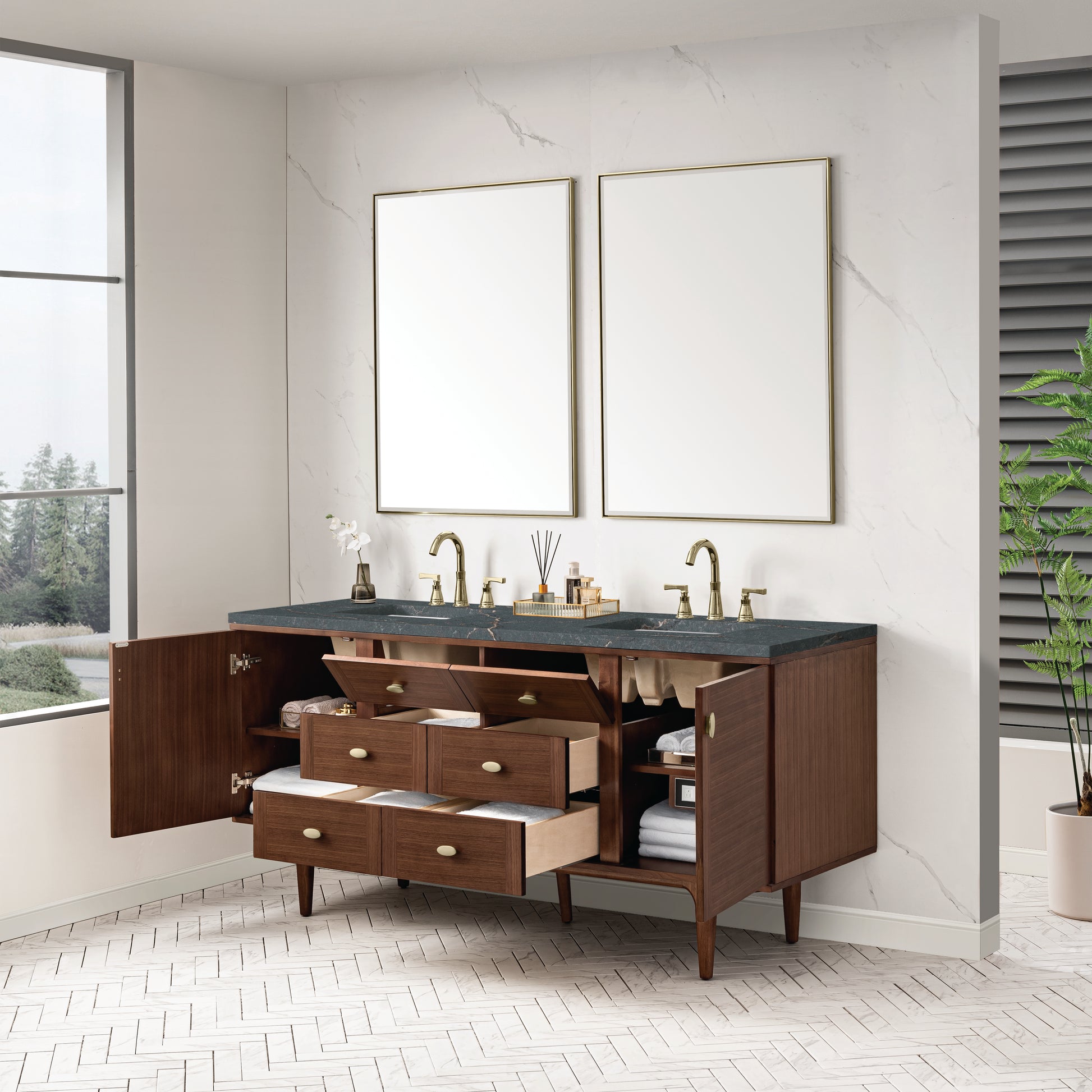 Renovate for Less Atlanta Amberly 72" Double Vanity, Mid-Century Walnut w/ 3 CM Parisien Bleu Top w/FreePower Wireless Charger