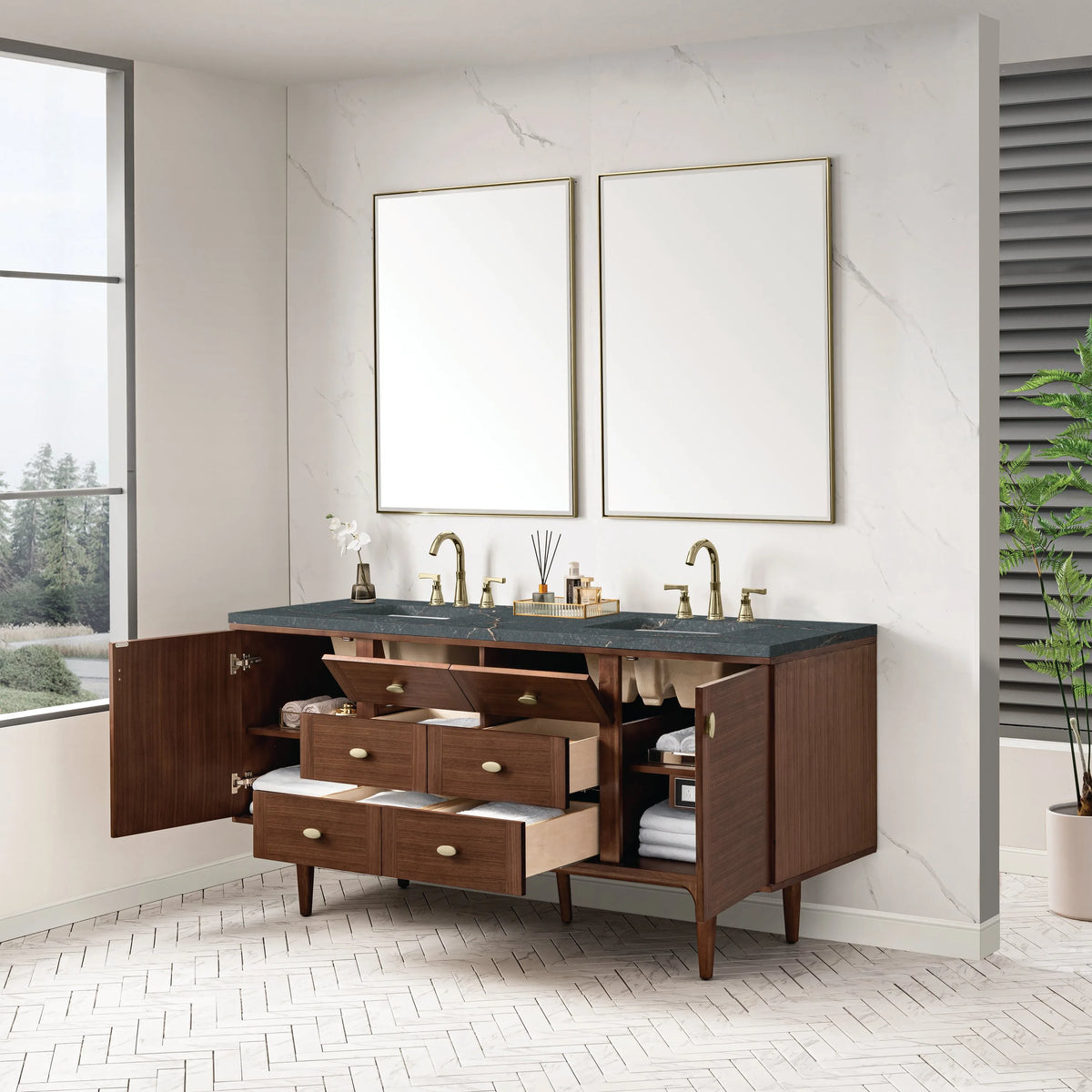 Amberly 72" Double Vanity, Mid-Century Walnut w/ 3 CM Parisien Bleu Top w/FreePower Wireless Charger