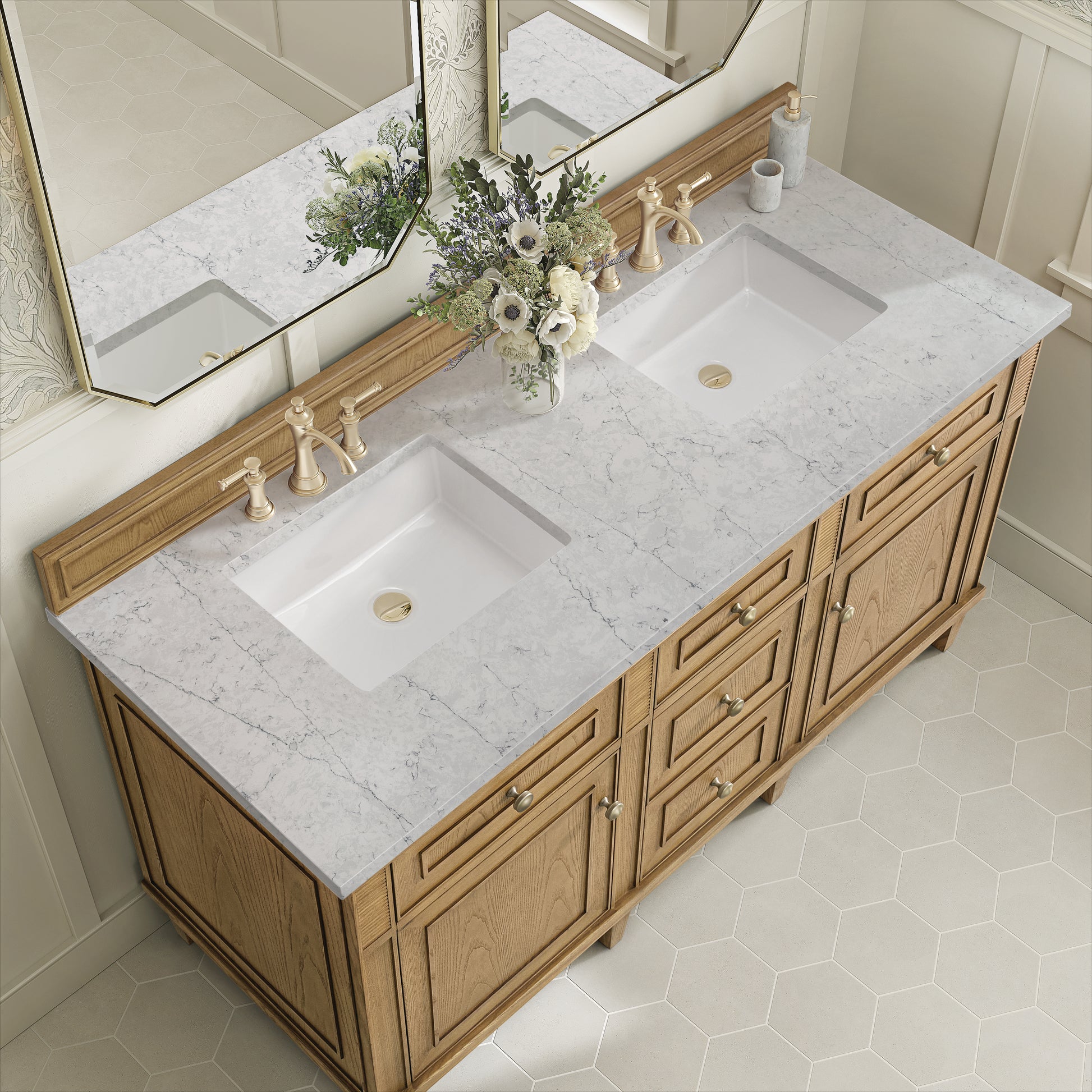 Renovate for Less Atlanta Lorelai 60" Double Vanity, Light Natural Oak w/ 3 CM Eternal Jasmine Pearl Silestone Top