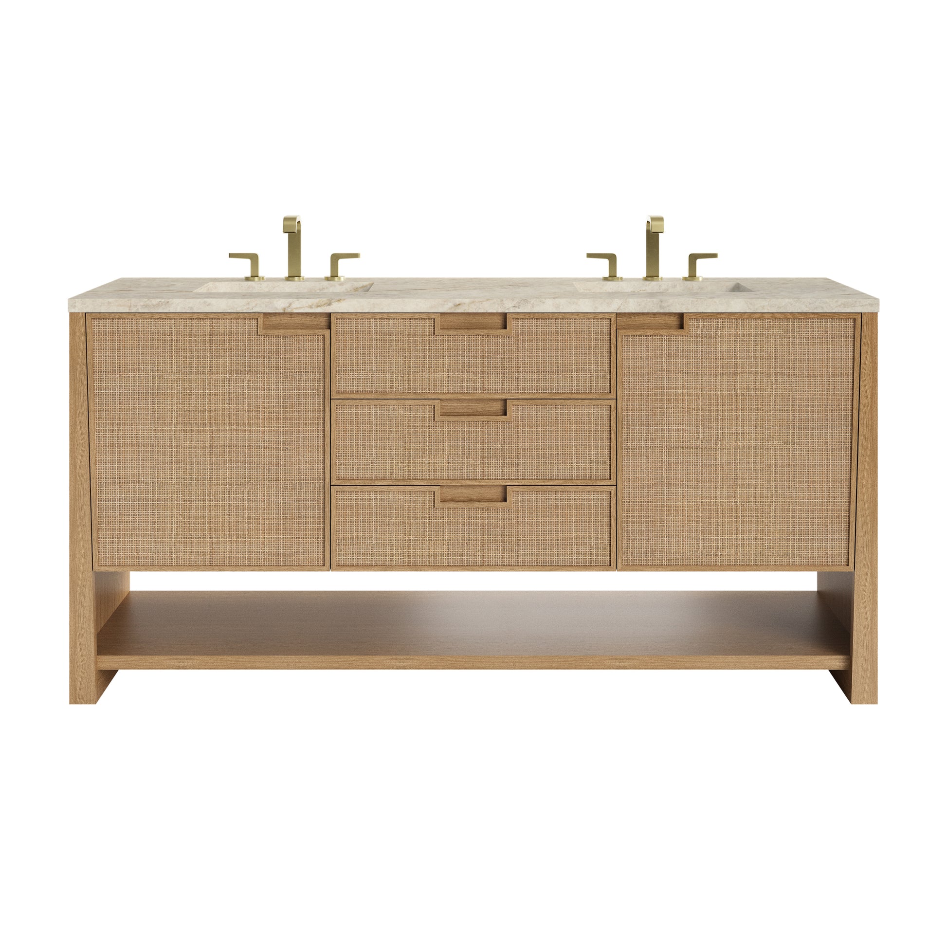 Renovate for Less Atlanta Solene 72" Double Vanity, Seaside Oak, w/ 3 CM Tajnar Eclos Top w/FreePower Wireless Charger