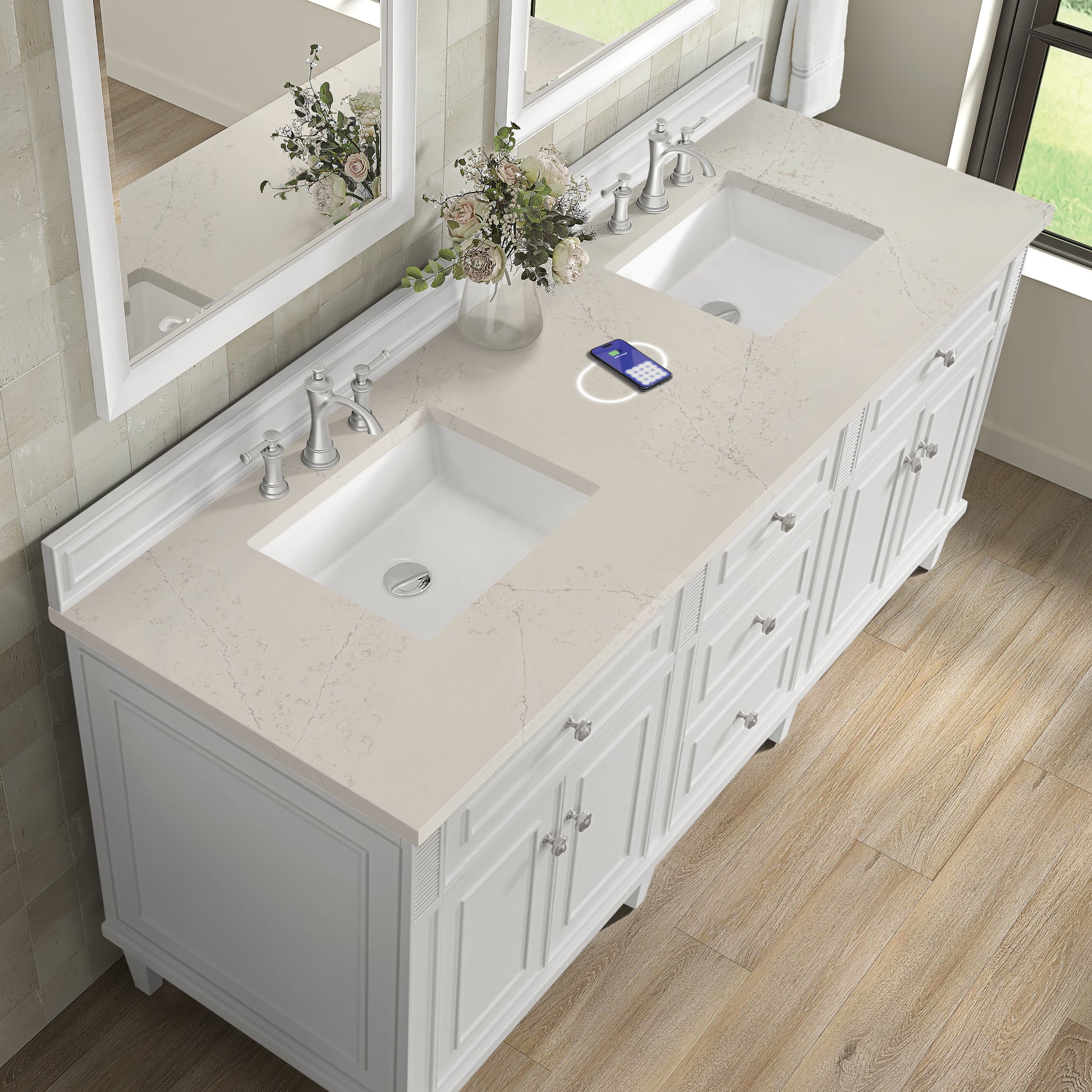 Renovate for Less Atlanta Lorelai 72" Double Vanity, Bright White, w/ 3 CM Siberian Silestone Top w/FreePower Wireless Charger