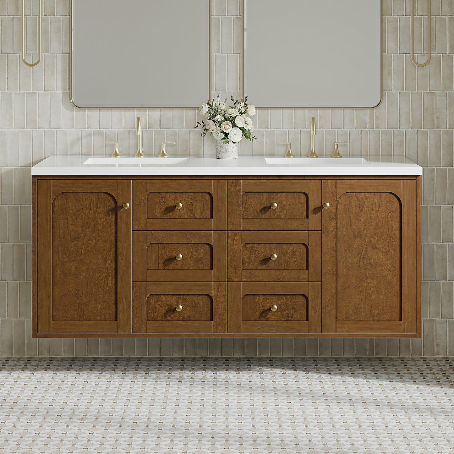 Renovate for Less Atlanta Laurent 60" Double Vanity, Honey Oak w/ 3 CM White Zeus Silestone Top