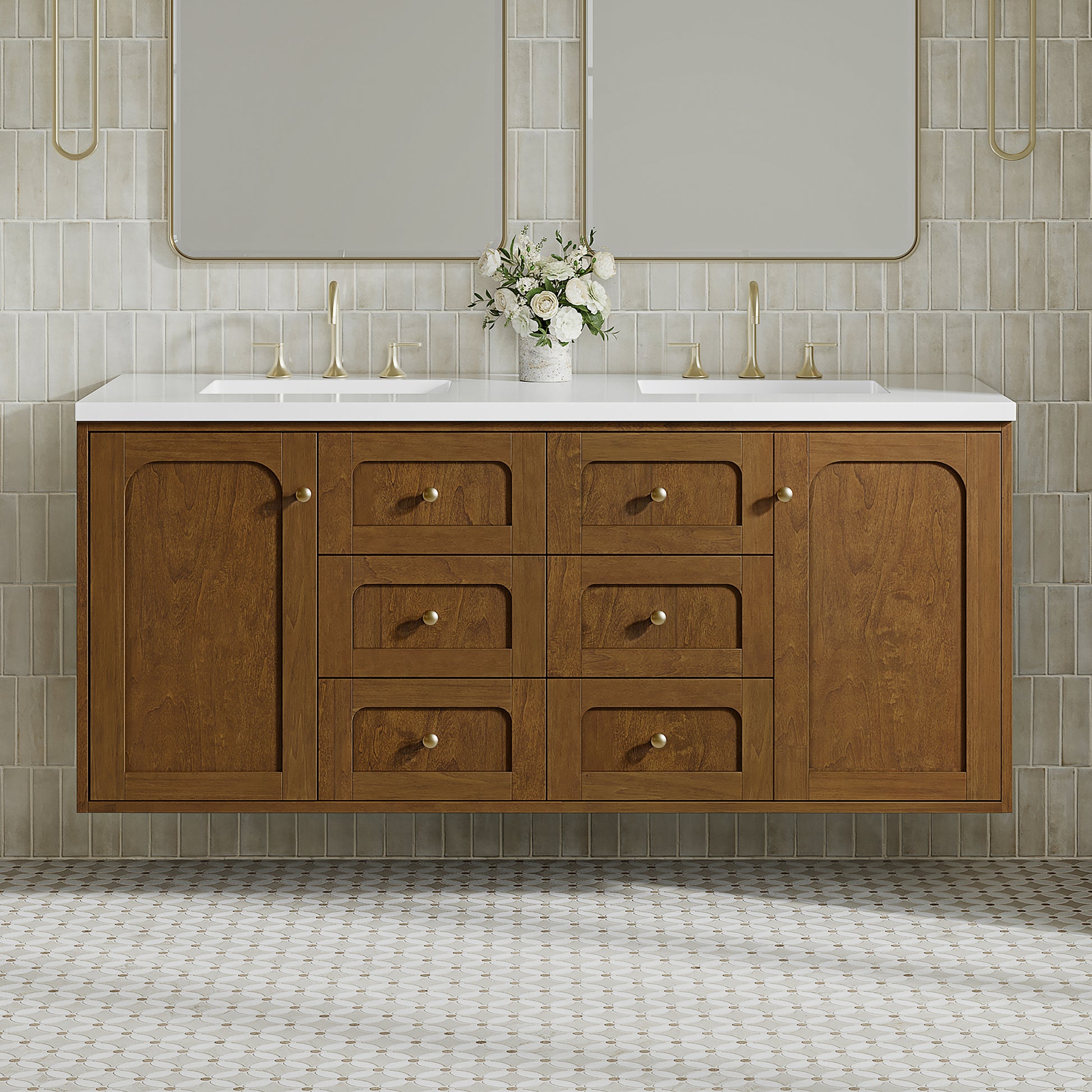Renovate for Less Atlanta Laurent 60" Double Vanity, Honey Oak w/ 3 CM White Zeus Silestone Top