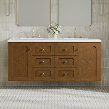 Renovate for Less Atlanta Laurent 60" Double Vanity, Honey Oak w/ 3 CM White Zeus Silestone Top