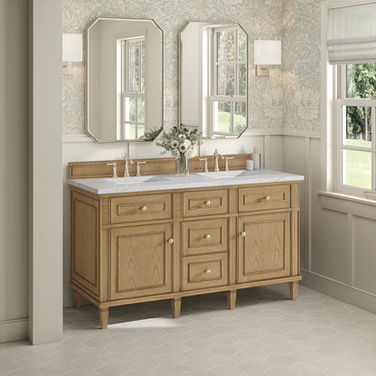 Renovate for Less Atlanta Lorelai 60" Double Vanity, Light Natural Oak w/ 3 CM Ethereal Noctis Silestone Top w/FreePower Wireless Charger