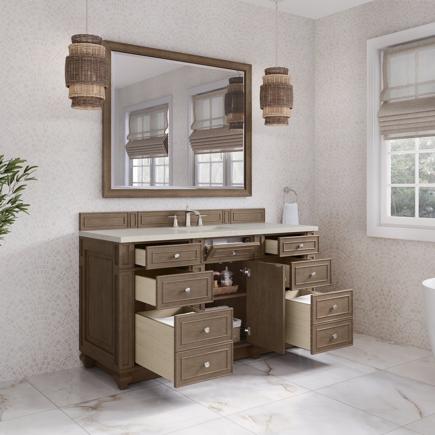 Renovate for Less Atlanta Bristol 60" Single Vanity Whitewashed Walnut, w/ 3 CM Siberian Silestone Top