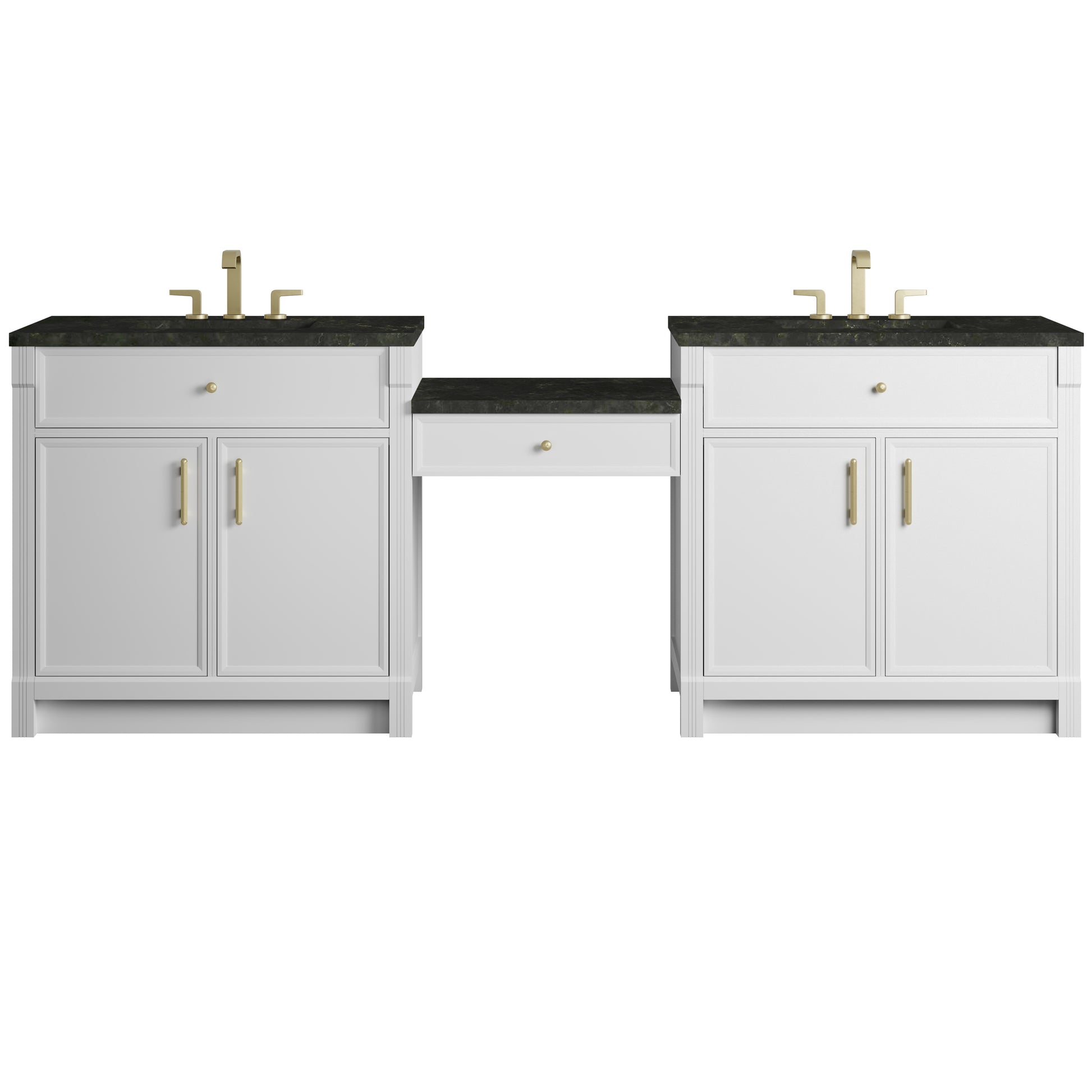 Renovate for Less Atlanta Bellshire 96" Dual Vanity Set with 24" Make-Up Counter, Bright White w/3 cm Phantome Eclos Top