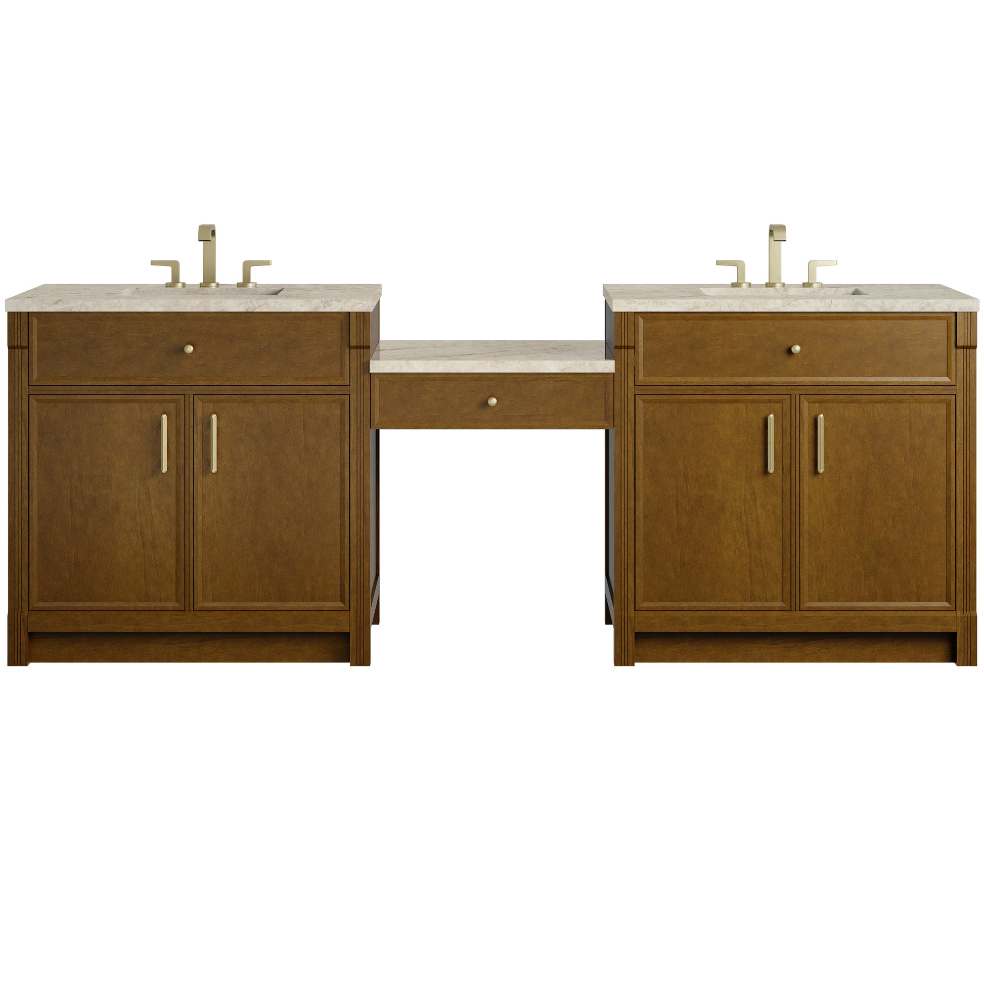 Renovate for Less Atlanta Bellshire 96" Dual Vanity Set with 24" Make-Up Counter, Honey Oak w/3 cm Tajnar Eclos Top