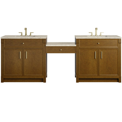 Renovate for Less Atlanta Bellshire 96" Dual Vanity Set with 24" Make-Up Counter, Honey Oak w/3 cm Tajnar Eclos Top