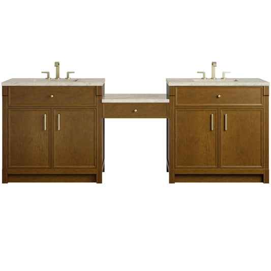 Bellshire 96" Dual Vanity Set with 24" Make-Up Counter, Honey Oak w/3 cm Tajnar Eclos Top