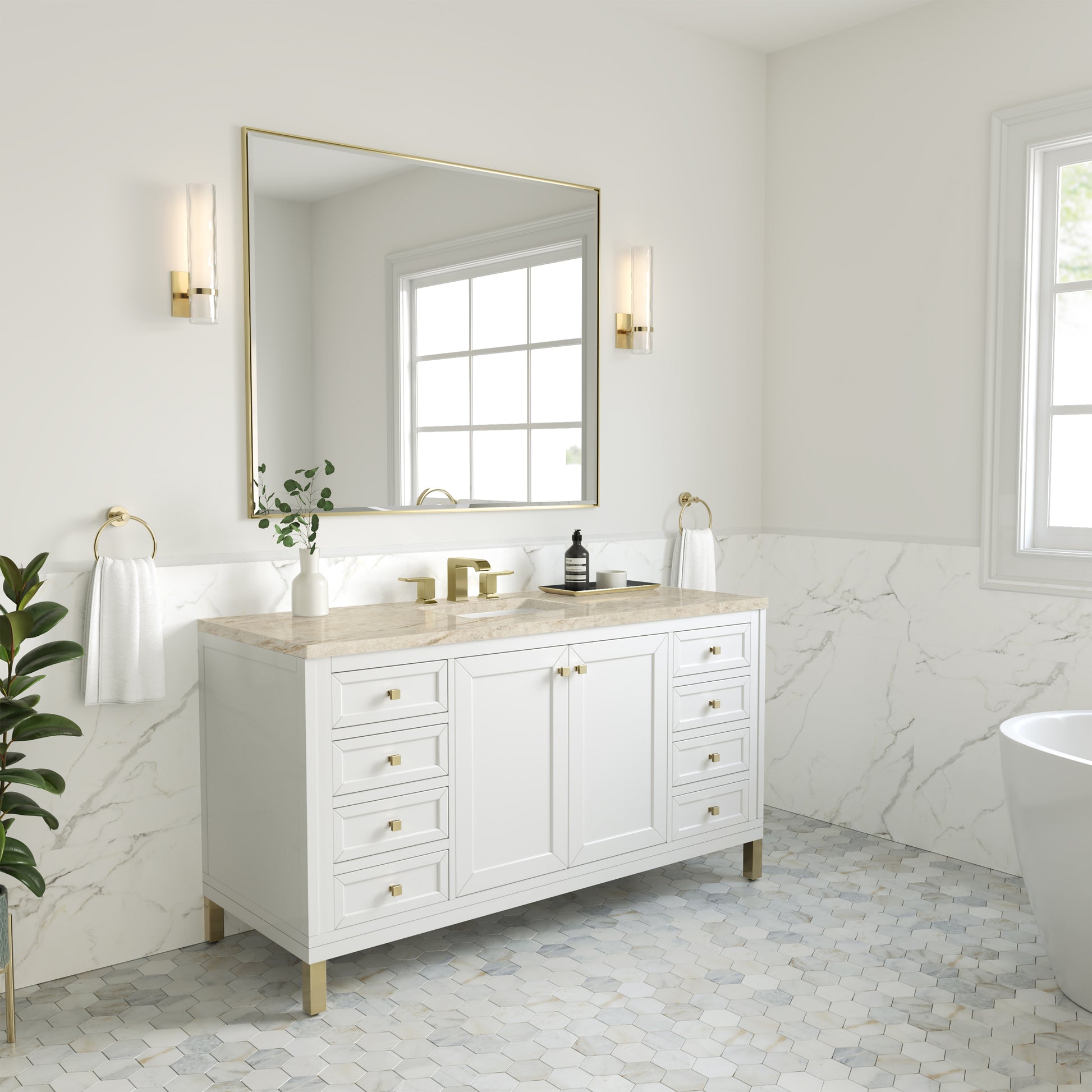 Renovate for Less Atlanta Chicago 60" Single Vanity, Glossy White, w/ 3 CM Tajnar Eclos Top w/FreePower Wireless Charger