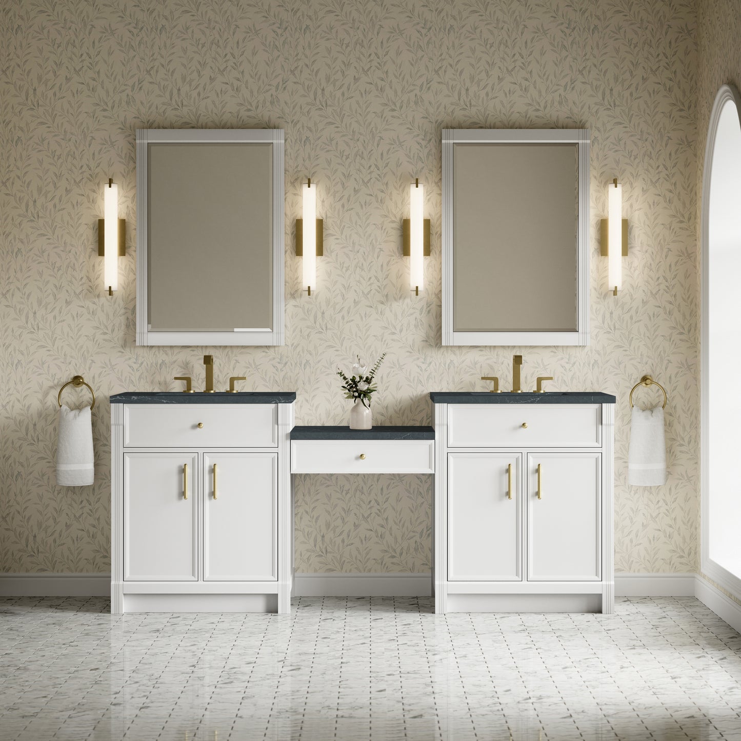 Renovate for Less Atlanta Bellshire 84" Dual Vanity Set with 24" Make-Up Counter, Bright White w/3 cm Charcoal Soapstone Silestone Top