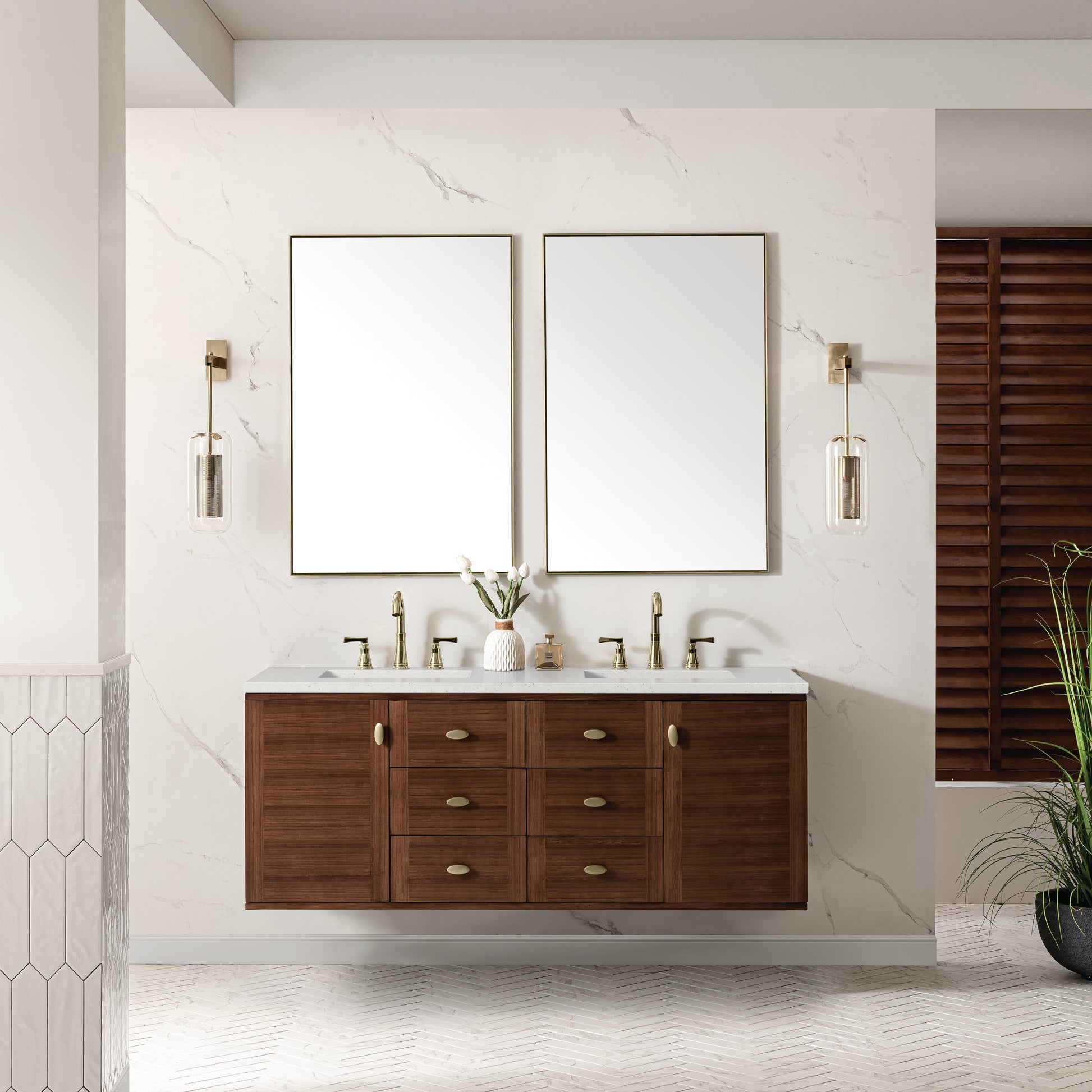 Renovate for Less Atlanta Amberly 60" Double Vanity, Mid-Century Walnut w/ 3 CM Lime Delight Top