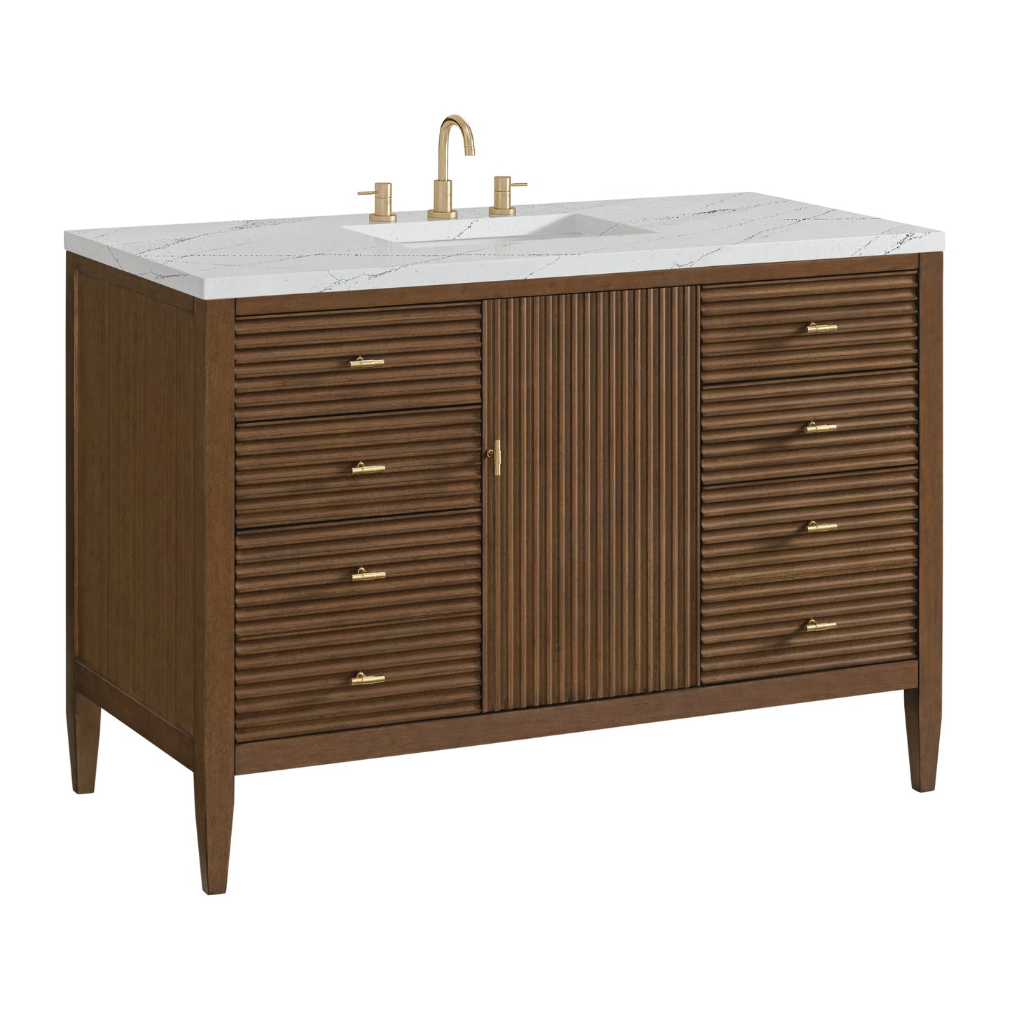 Renovate for Less Atlanta Myrrin 48" Single Vanity, Mid Century Walnut w/ 3 CM Ethereal Noctis Silestone Top