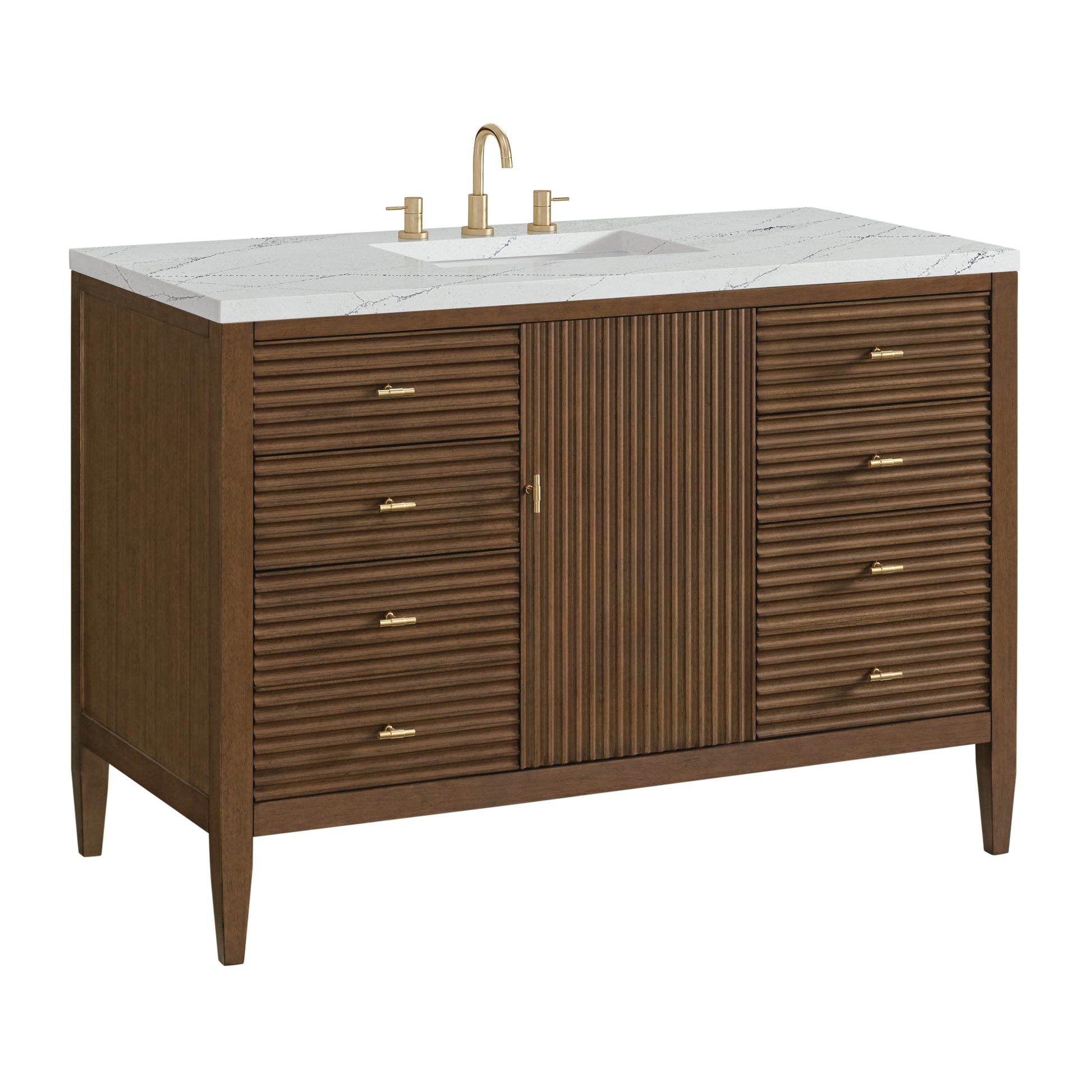 Renovate for Less Atlanta Myrrin 48" Single Vanity, Mid Century Walnut w/ 3 CM Ethereal Noctis Silestone Top
