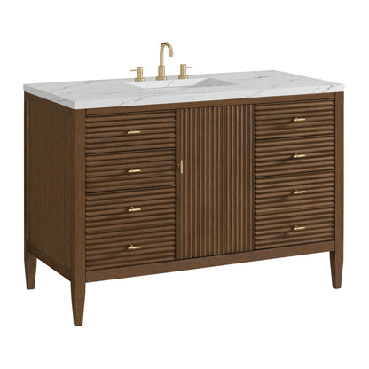 Renovate for Less Atlanta Myrrin 48" Single Vanity, Mid Century Walnut w/ 3 CM Ethereal Noctis Silestone Top