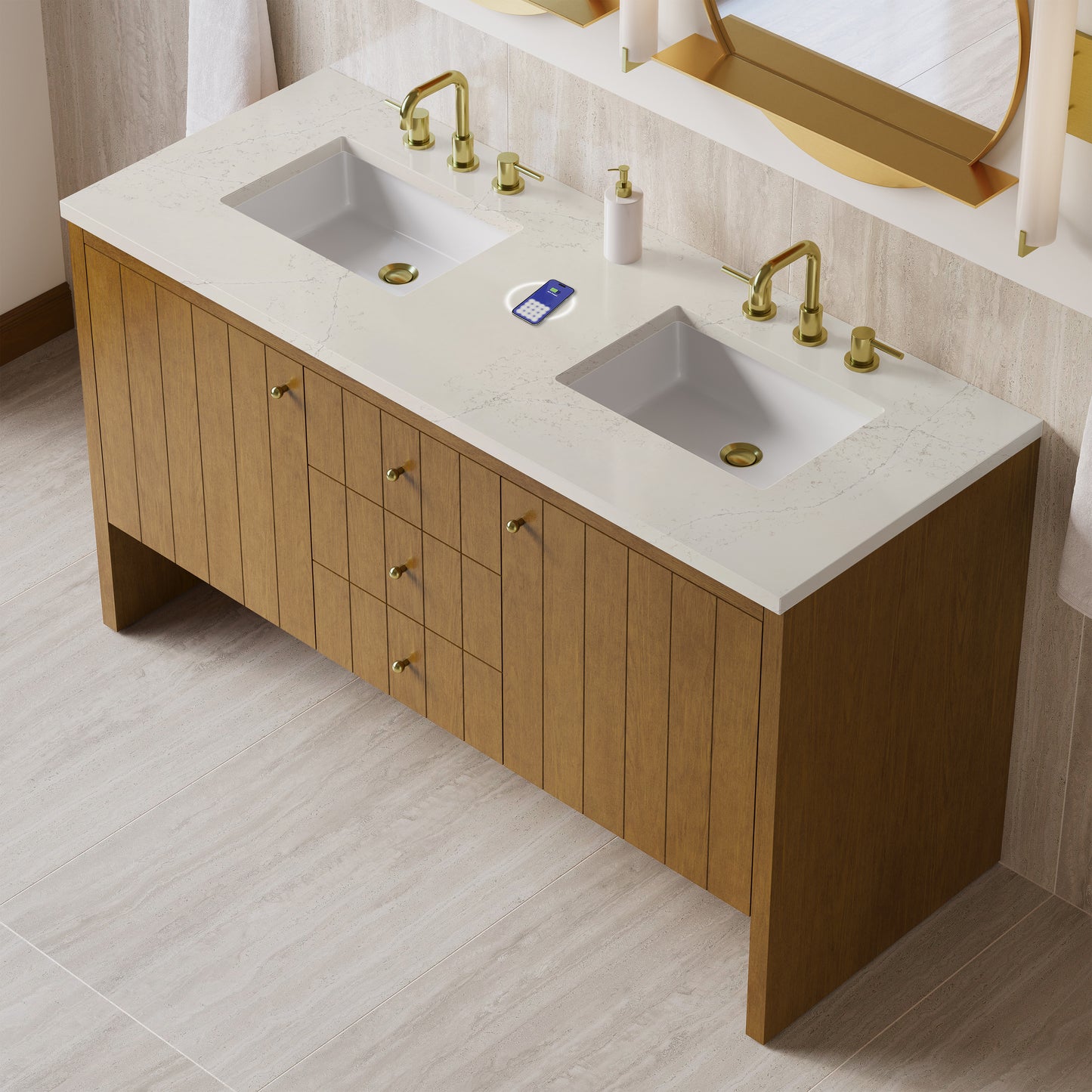Renovate for Less Atlanta Hudson 60" Double Vanity, Honey Oak w/ 3 CM Siberian Silestone Top w/FreePower Wireless Charger