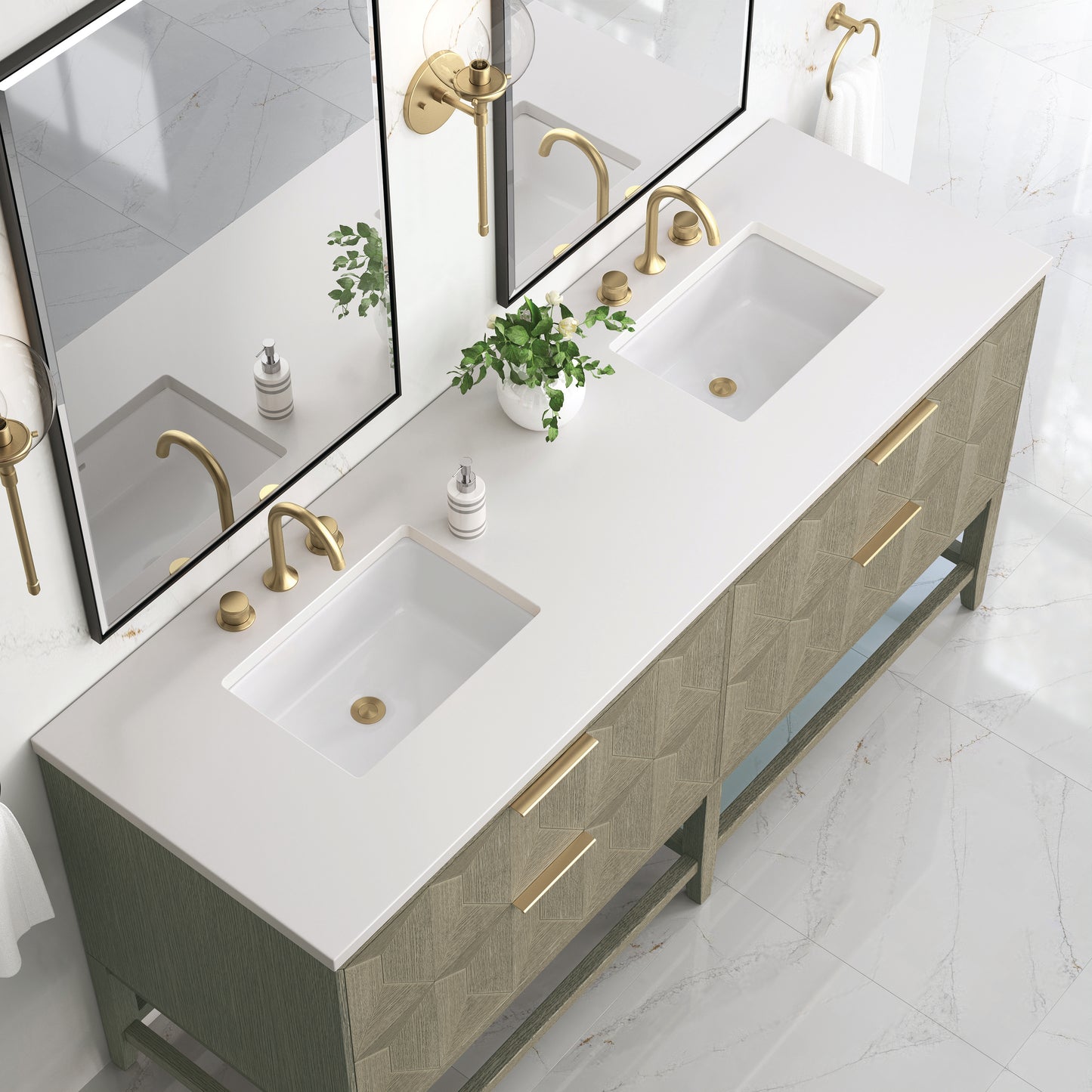 Renovate for Less Atlanta Emmeline 72" Double Vanity, Pebble Oak w/ 3 CM White Zeus Top