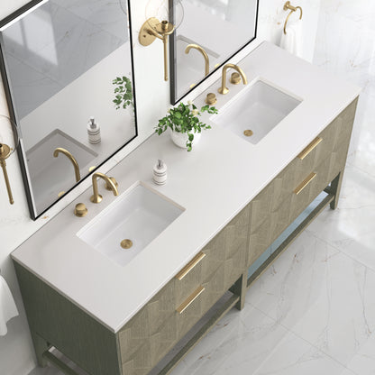 Renovate for Less Atlanta Emmeline 72" Double Vanity, Pebble Oak w/ 3 CM White Zeus Top
