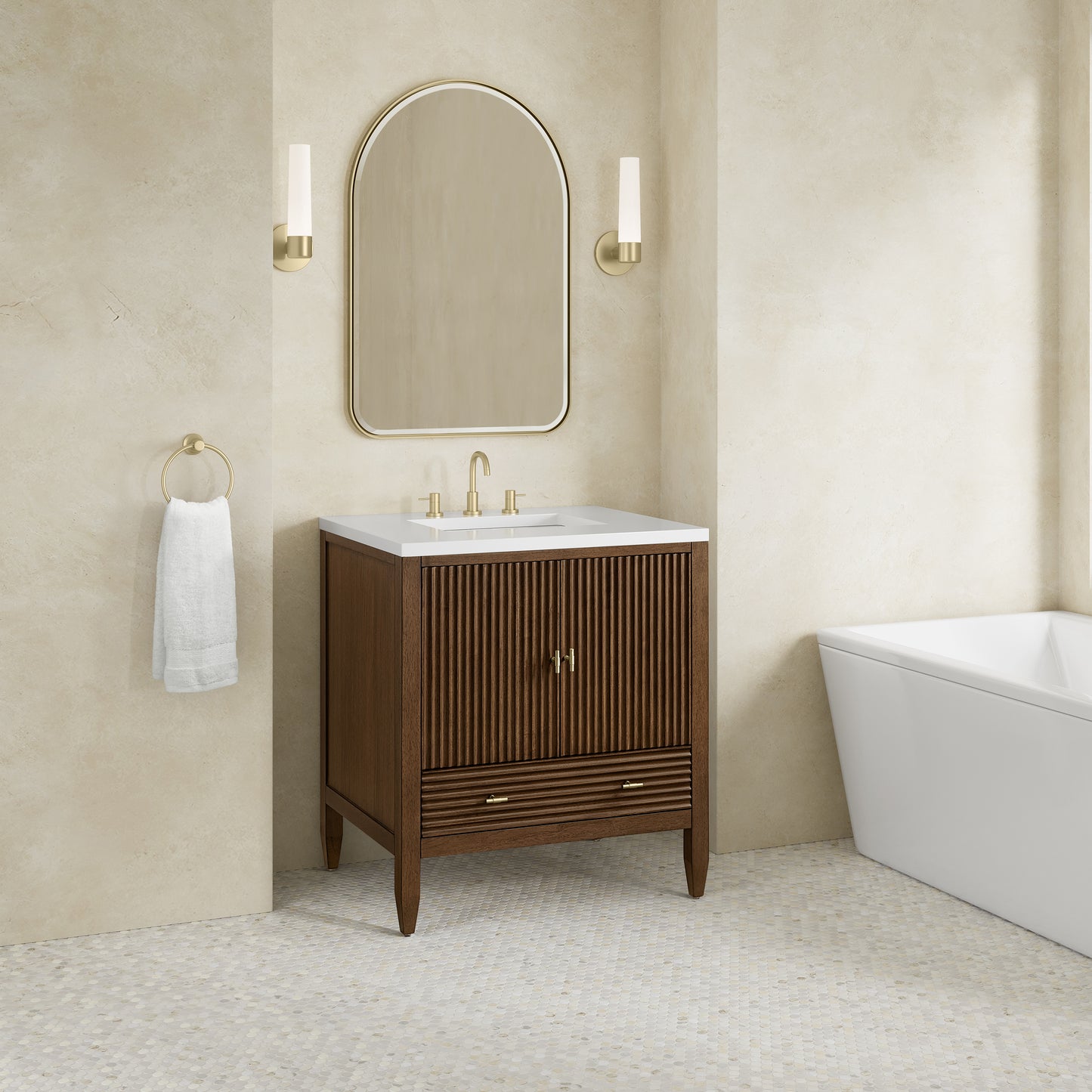 Renovate for Less Atlanta Myrrin 30" Single Vanity, Mid-Century Walnut w/ 3 CM White Zeus Silestone Top