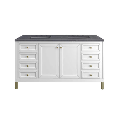 Chicago 60" Double Vanity, Glossy White, w/ 3 CM Charcoal Soapstone Silestone® Top