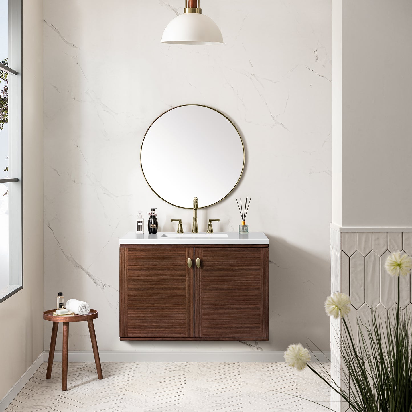 Renovate for Less Atlanta Amberly 36" Single Vanity, Mid-Century Walnut w/ 3 CM White Zeus Top