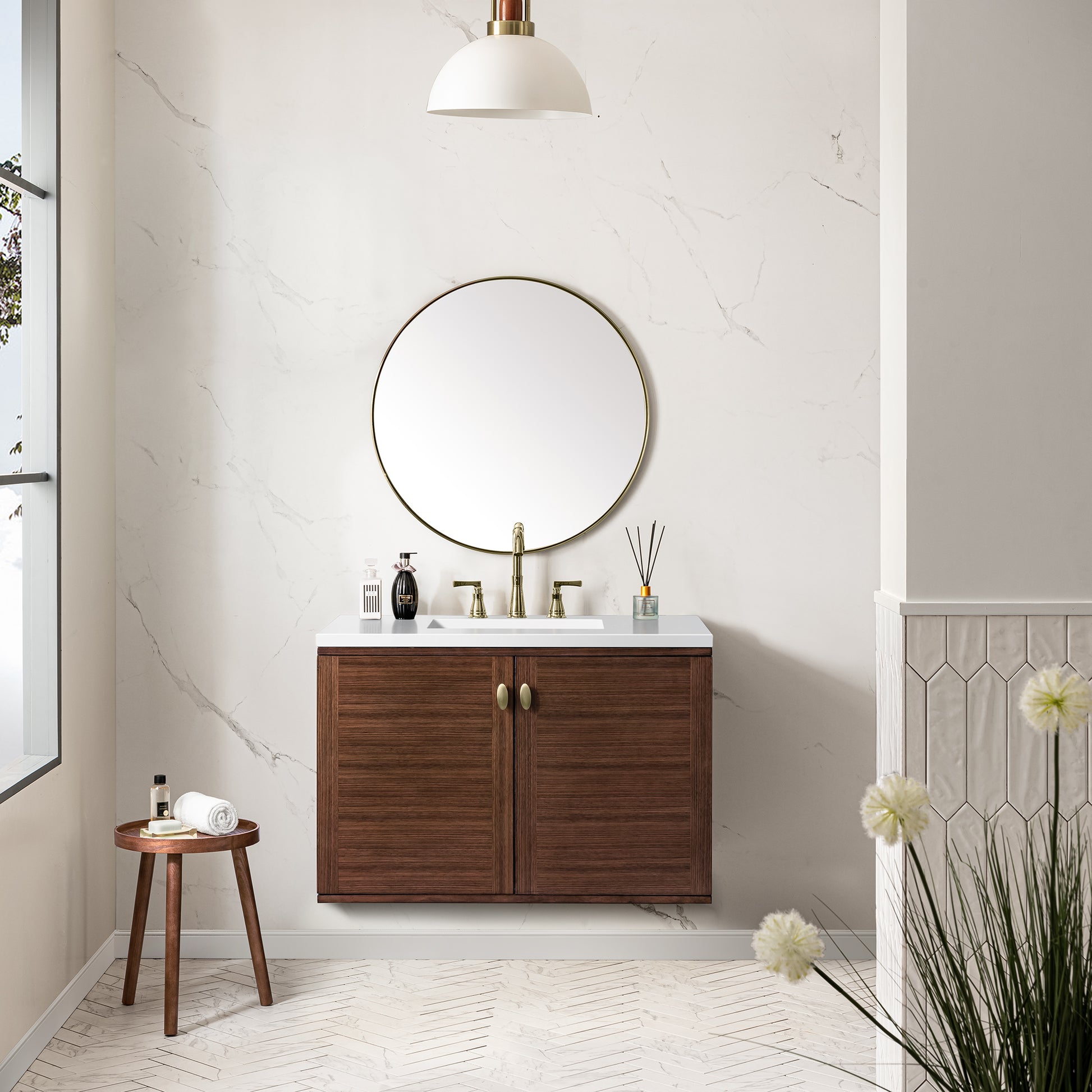 Renovate for Less Atlanta Amberly 36" Single Vanity, Mid-Century Walnut w/ 3 CM White Zeus Top