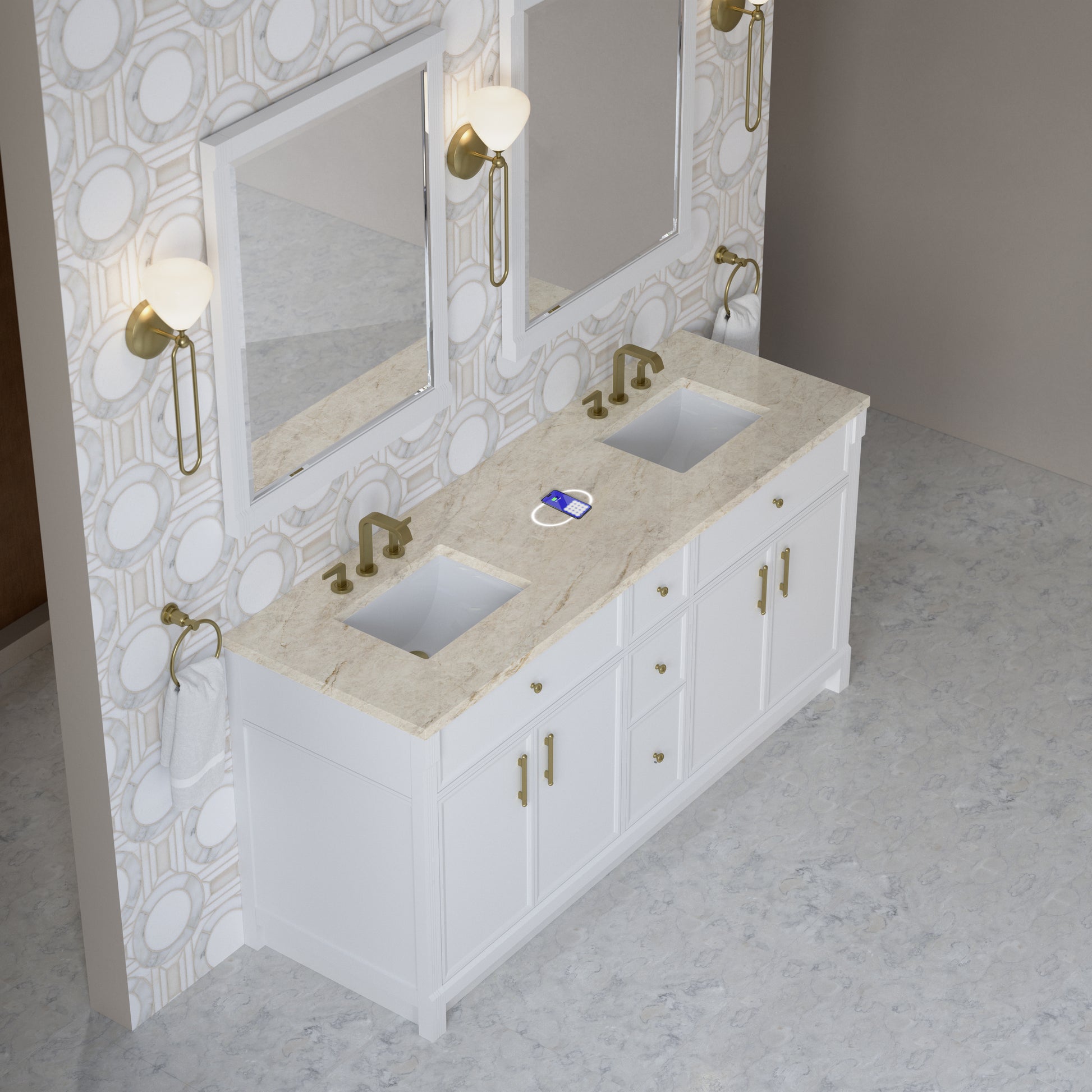 Renovate for Less Atlanta Bellshire 72" Double Vanity, Bright White w/ 3 CM Tajnar Eclos Top w/FreePower Wireless Charger