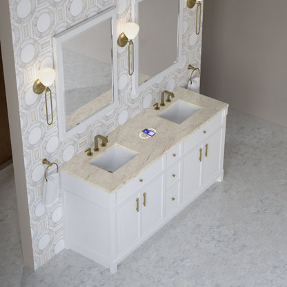 Renovate for Less Atlanta Bellshire 72" Double Vanity, Bright White w/ 3 CM Tajnar Eclos Top w/FreePower Wireless Charger