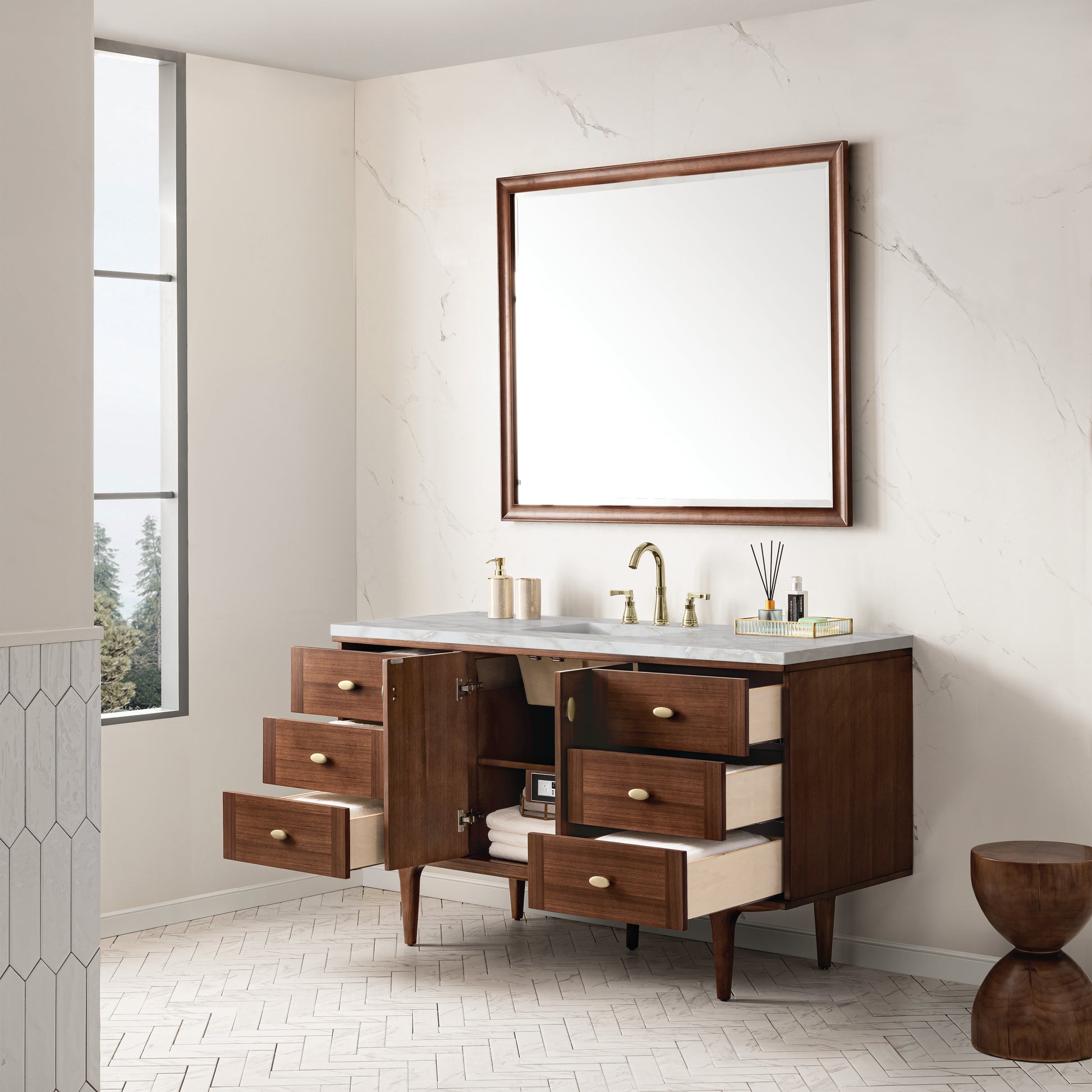 Renovate for Less Atlanta Amberly 60" Single Vanity, Mid-Century Walnut w/ 3 CM Victorian Silver Top w/FreePower Wireless Charger