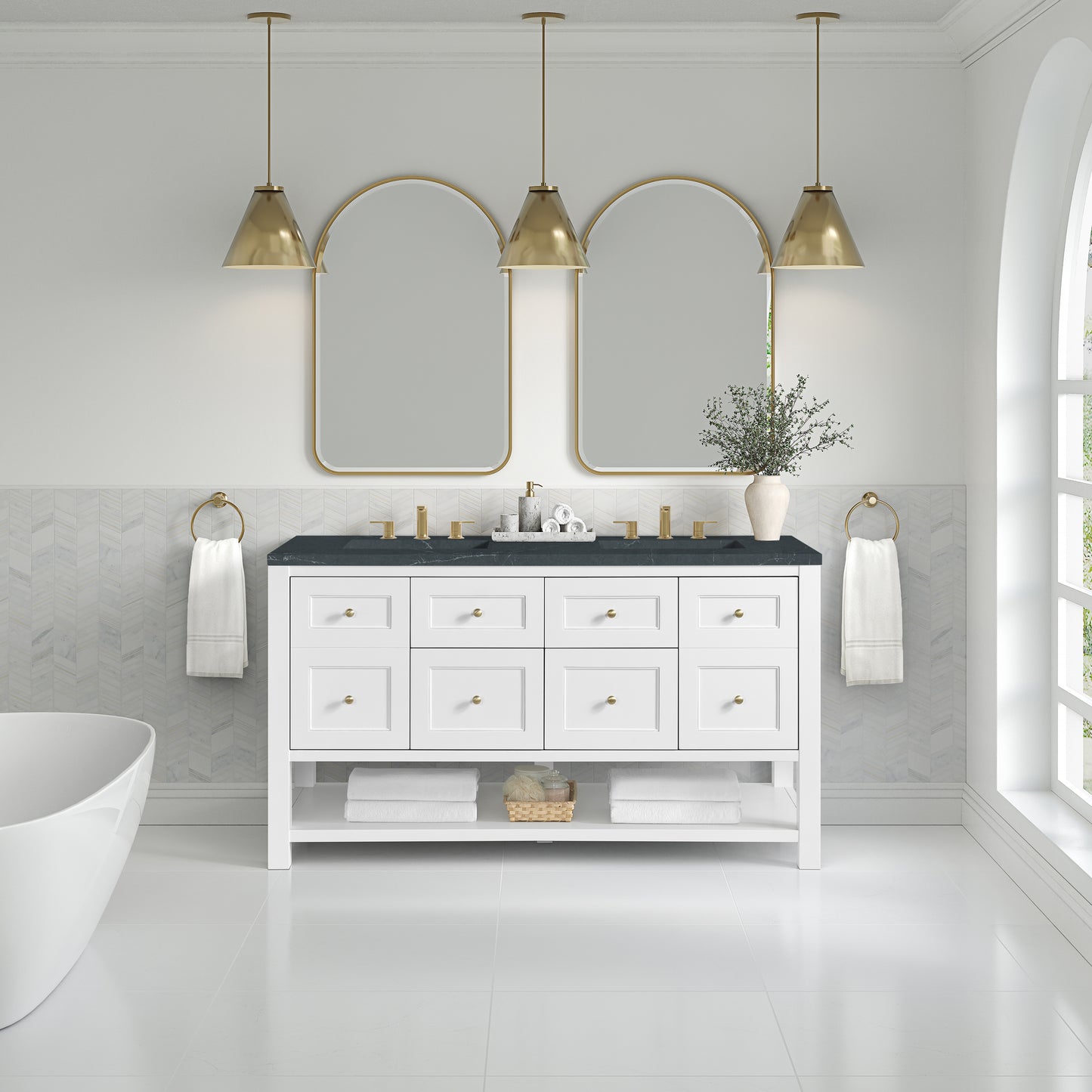 Renovate for Less Atlanta Breckenridge 60" Double Vanity, Bright White, w/ 3 CM Charcoal Soapstone Quartz Top