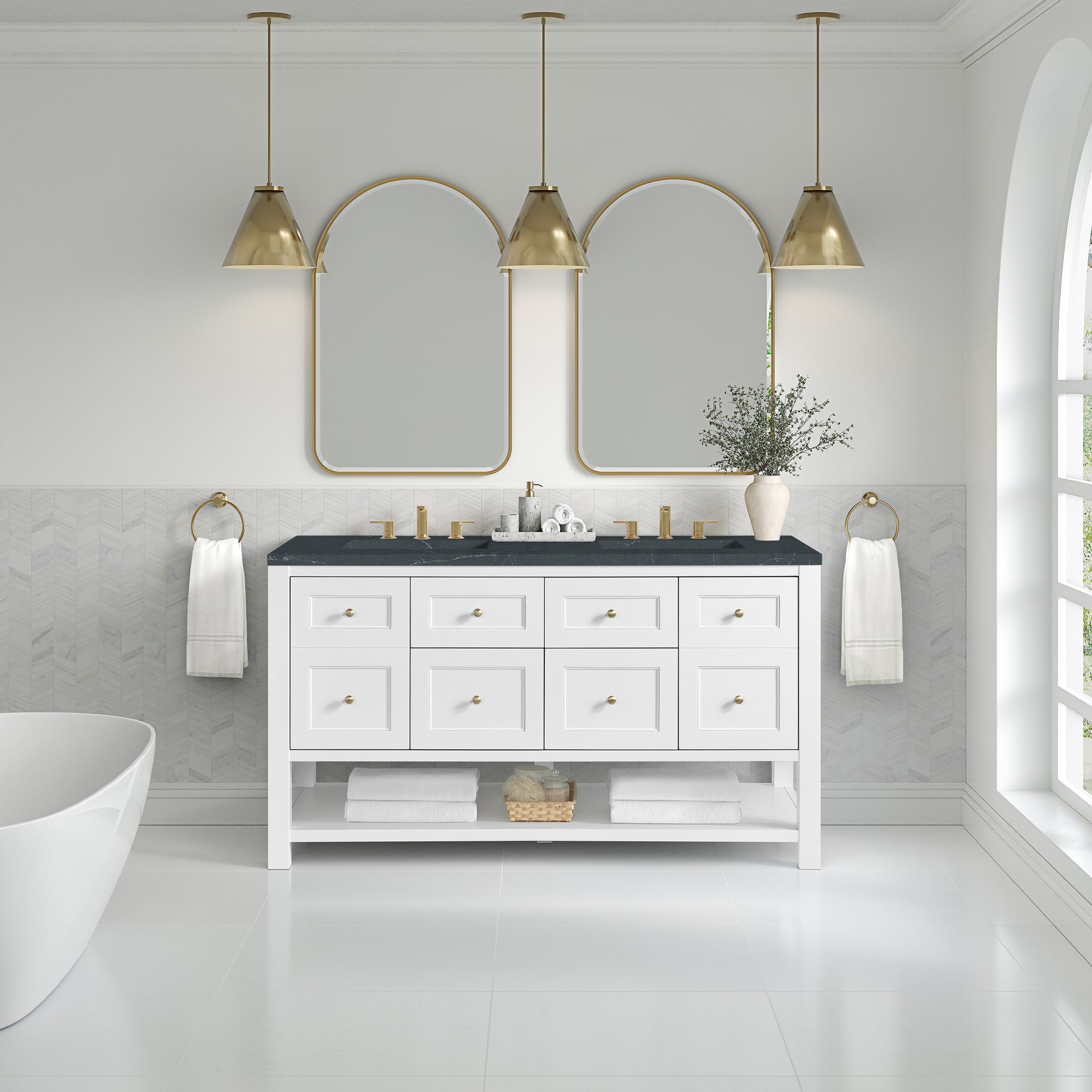 Renovate for Less Atlanta Breckenridge 60" Double Vanity, Bright White, w/ 3 CM Charcoal Soapstone Quartz Top