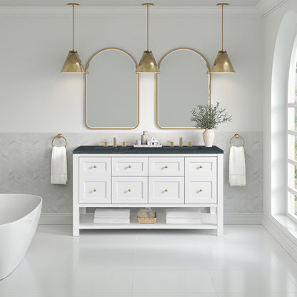 Renovate for Less Atlanta Breckenridge 60" Double Vanity, Bright White, w/ 3 CM Charcoal Soapstone Quartz Top