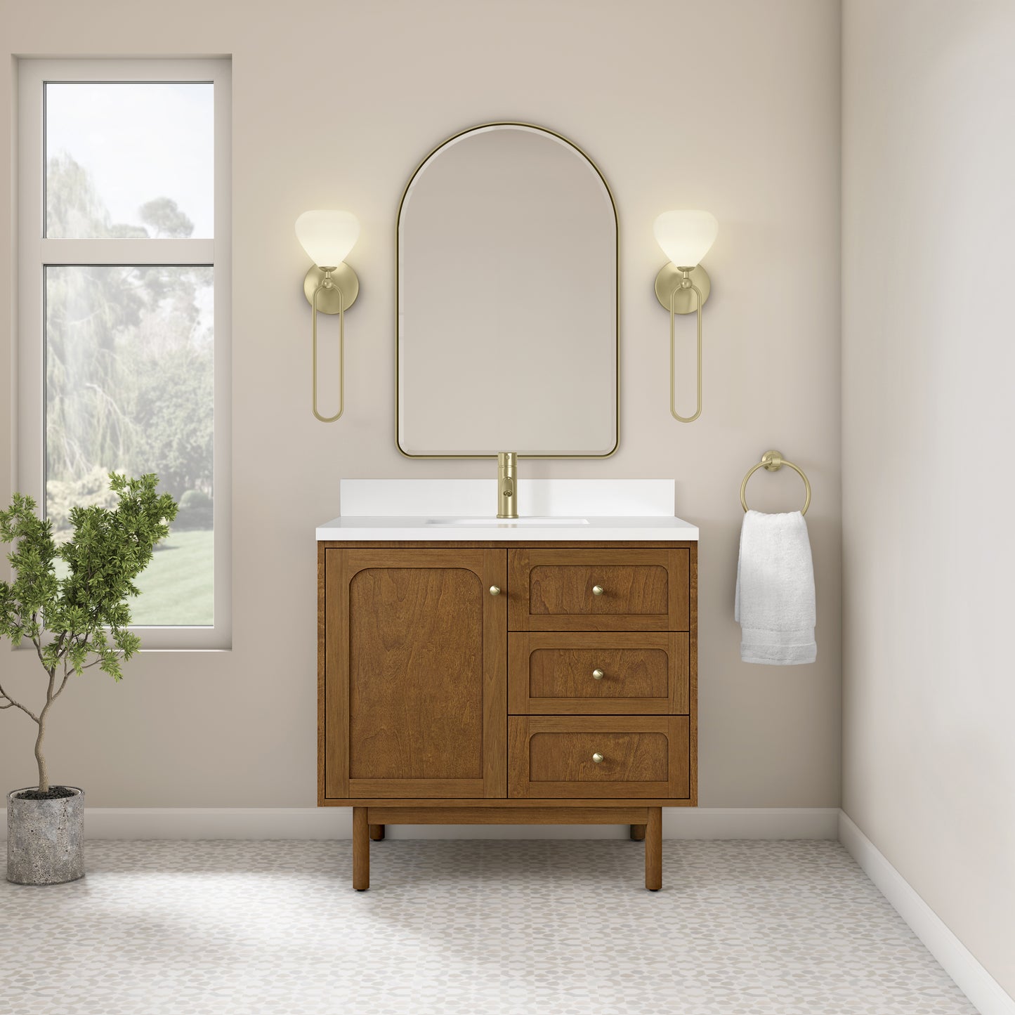 Renovate for Less Atlanta Laurent 36" Single Vanity, Honey Oak w/ Single Hole 3 CM White Zeus Silestone Top and Matching Backsplash