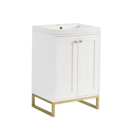 Renovate for Less Atlanta Chianti 24" Single Vanity, Glossy White, Champagne Brass, w/ White Glossy Composite Stone Top