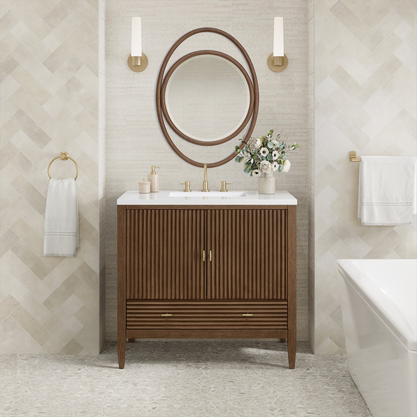 Renovate for Less Atlanta Myrrin 36" Vanity, Mid Century Walnut w/ 3 CM White Zeus Silestone Top