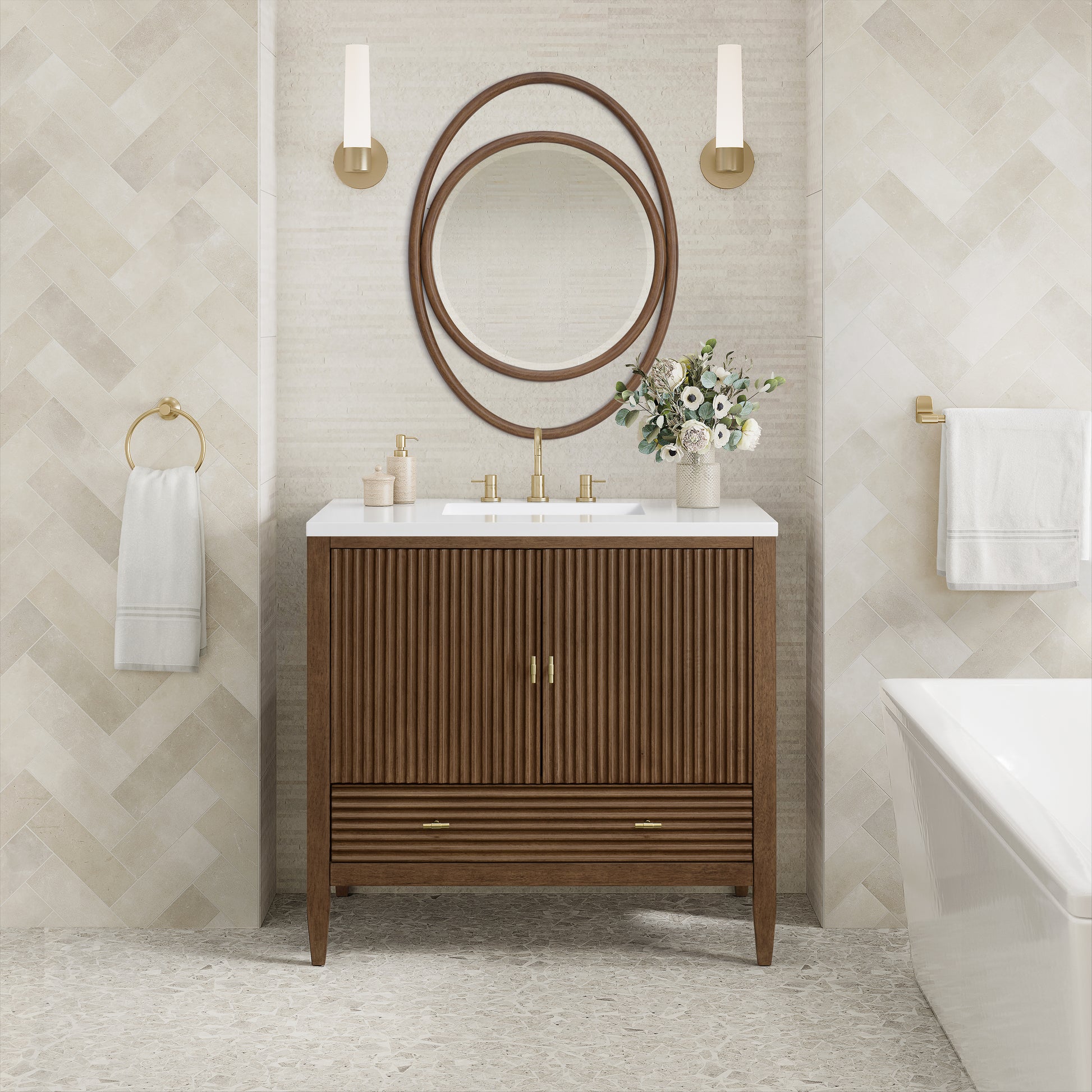 Renovate for Less Atlanta Myrrin 36" Vanity, Mid Century Walnut w/ 3 CM White Zeus Silestone Top