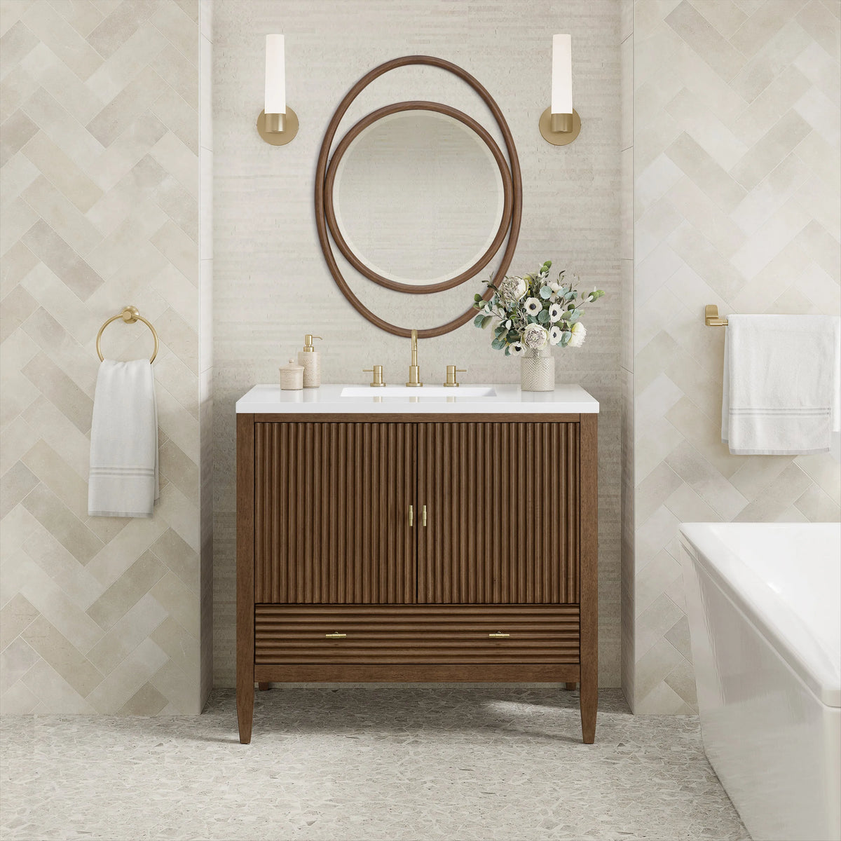 Myrrin 36" Vanity, Mid Century Walnut w/ 3 CM White Zeus Silestone Top