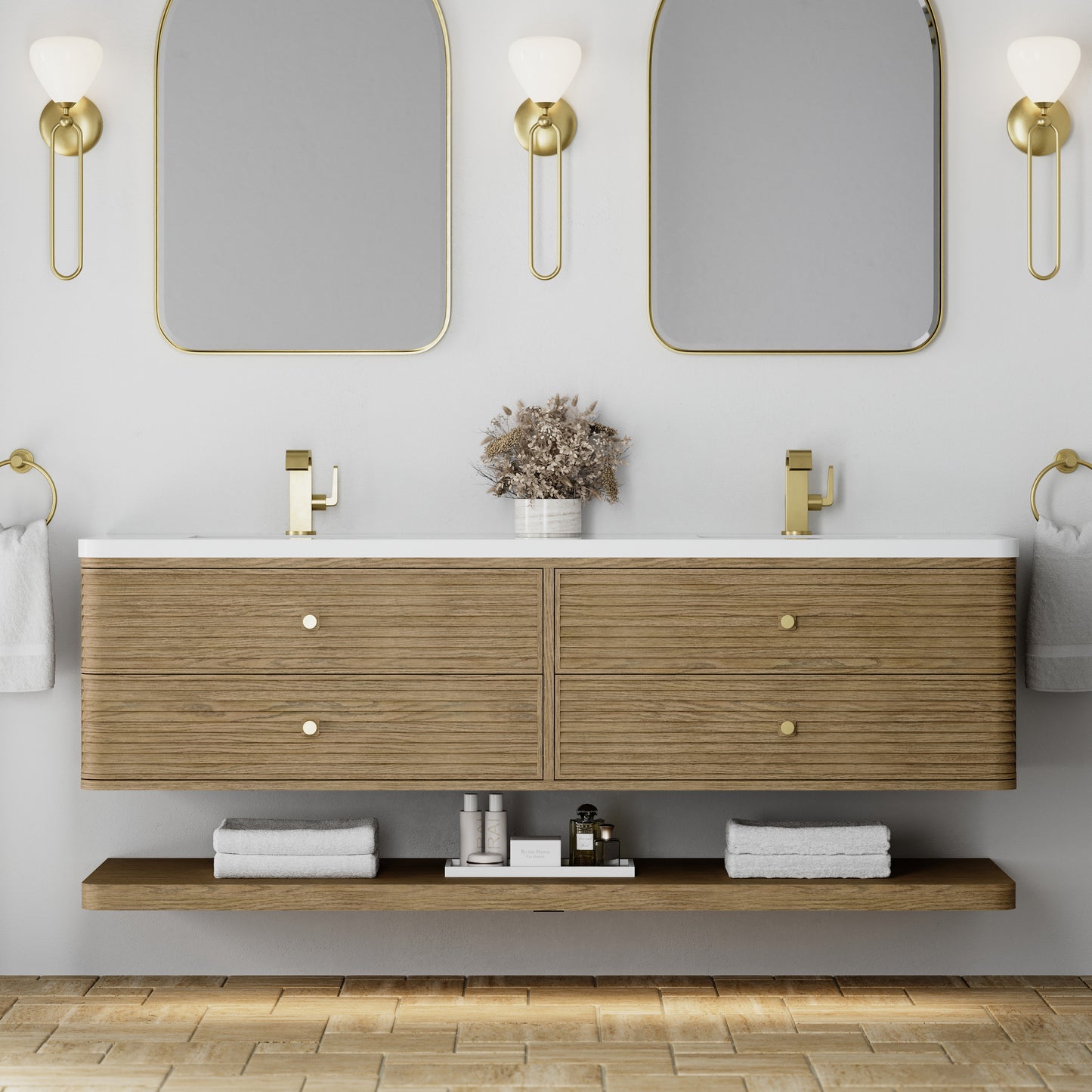 Renovate for Less Atlanta Allamari 72" Double Vanity, Dune Mist w/ Single Hole 3 CM White Zeus Silestone Top